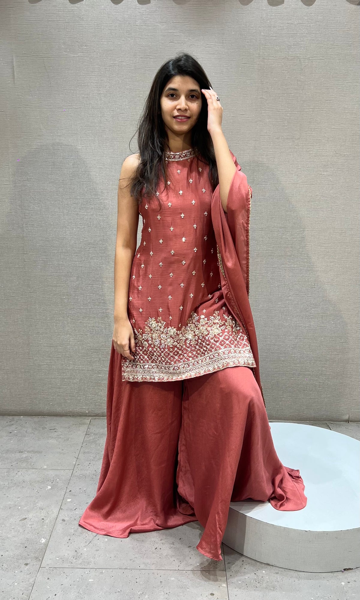 Rust Silk Embroidered Kurta and Palazzo Set