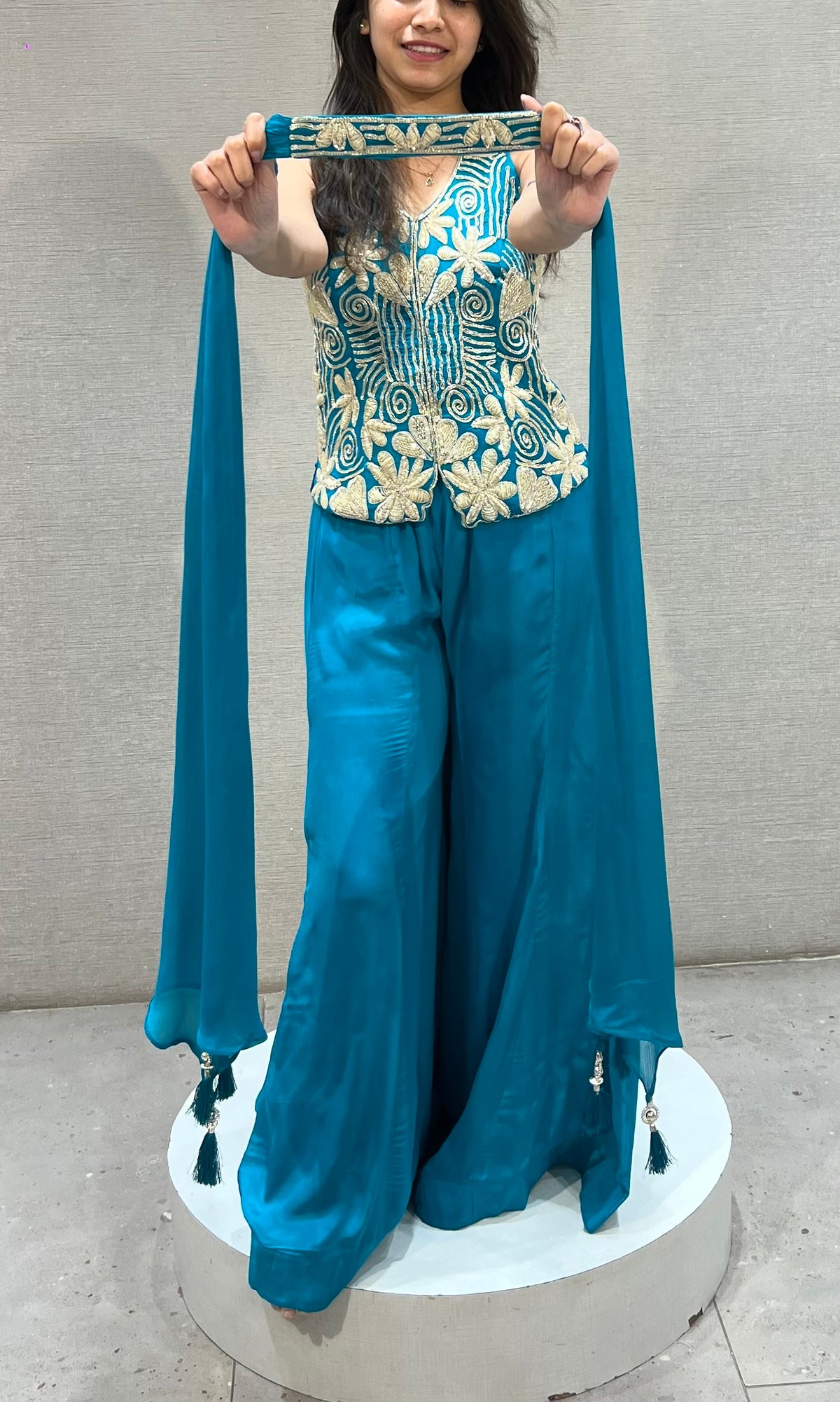 Rama silk gold floral embroidered peplum palazzo set
