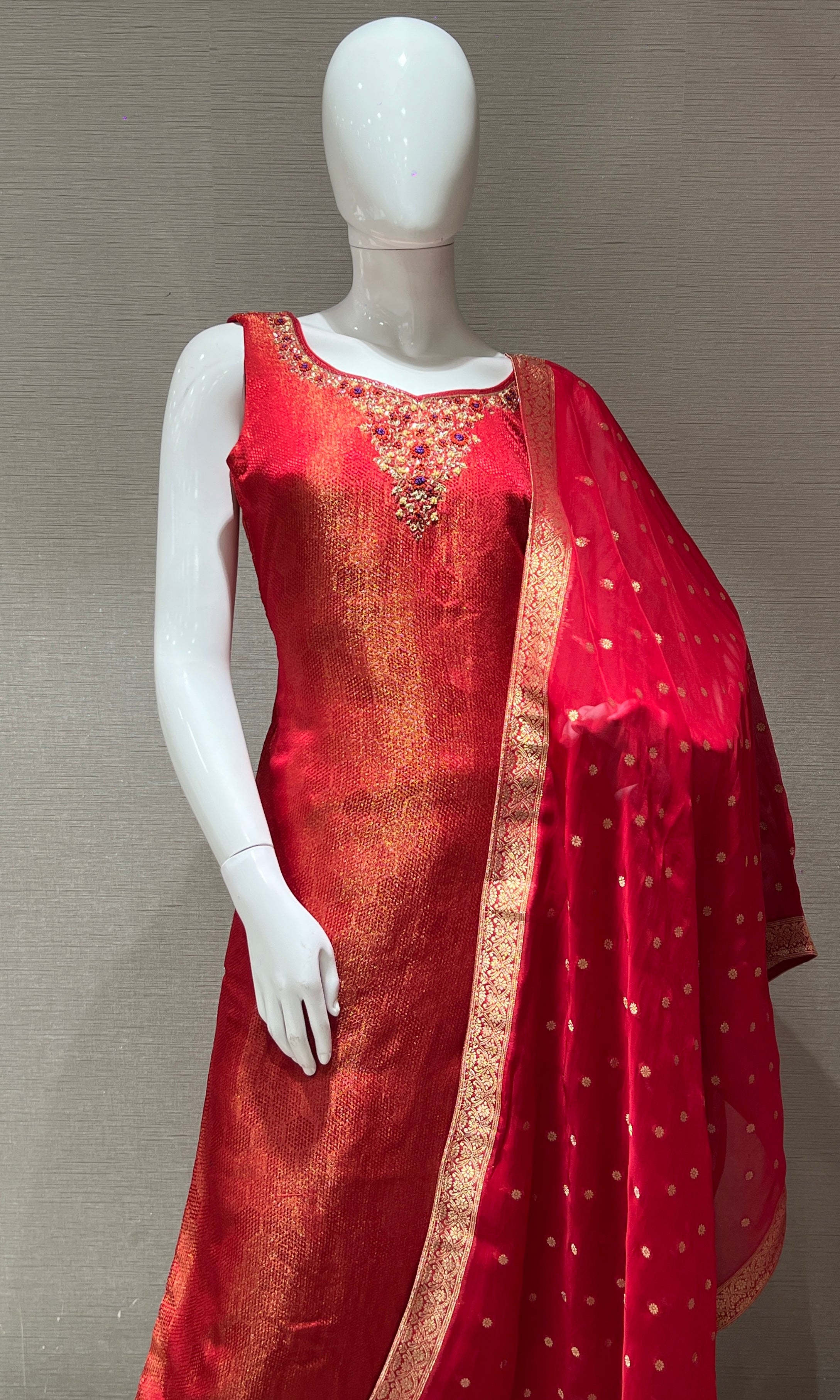 Red and Gold Embroidered Kurta Set