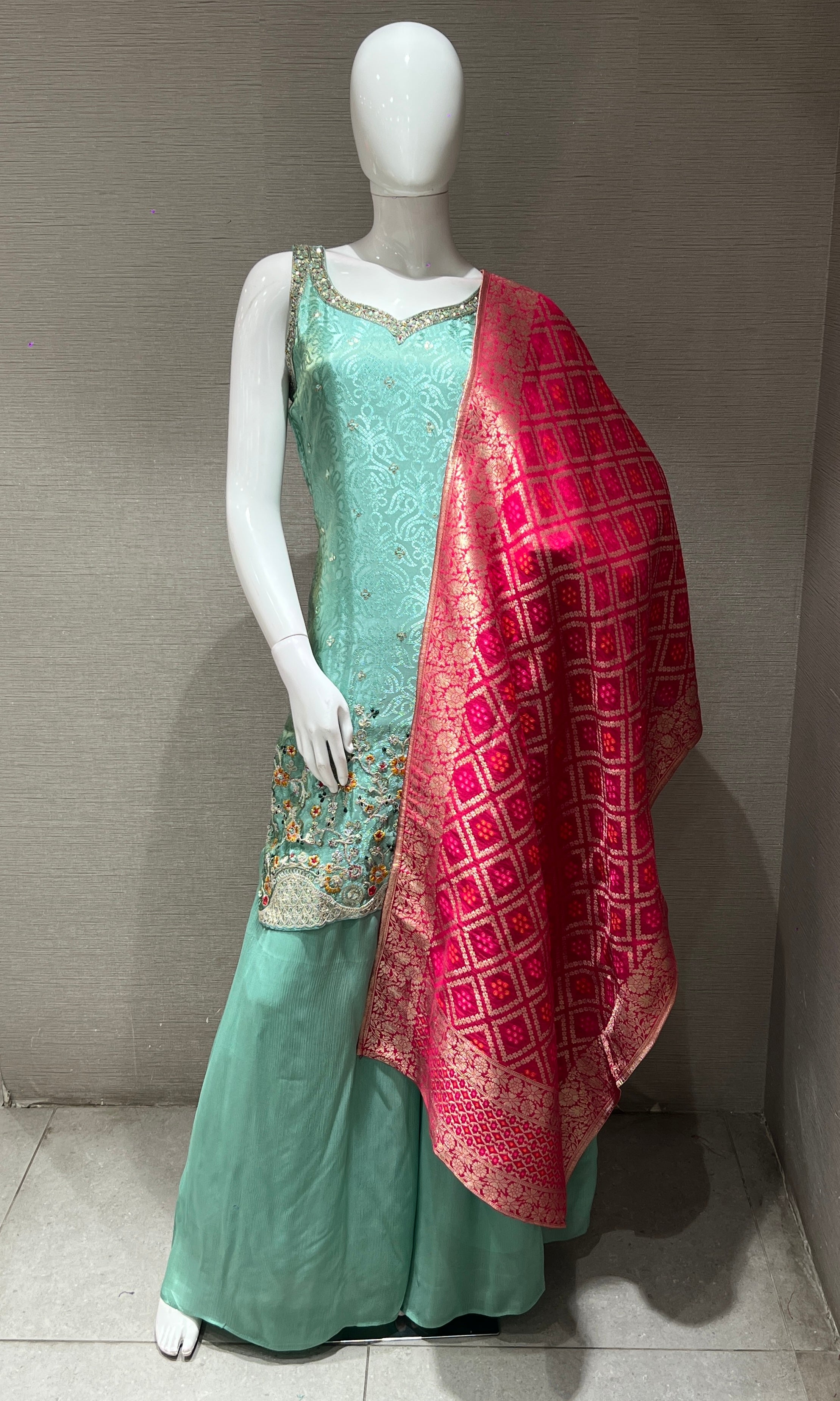 sea green embroidered sharara seT
