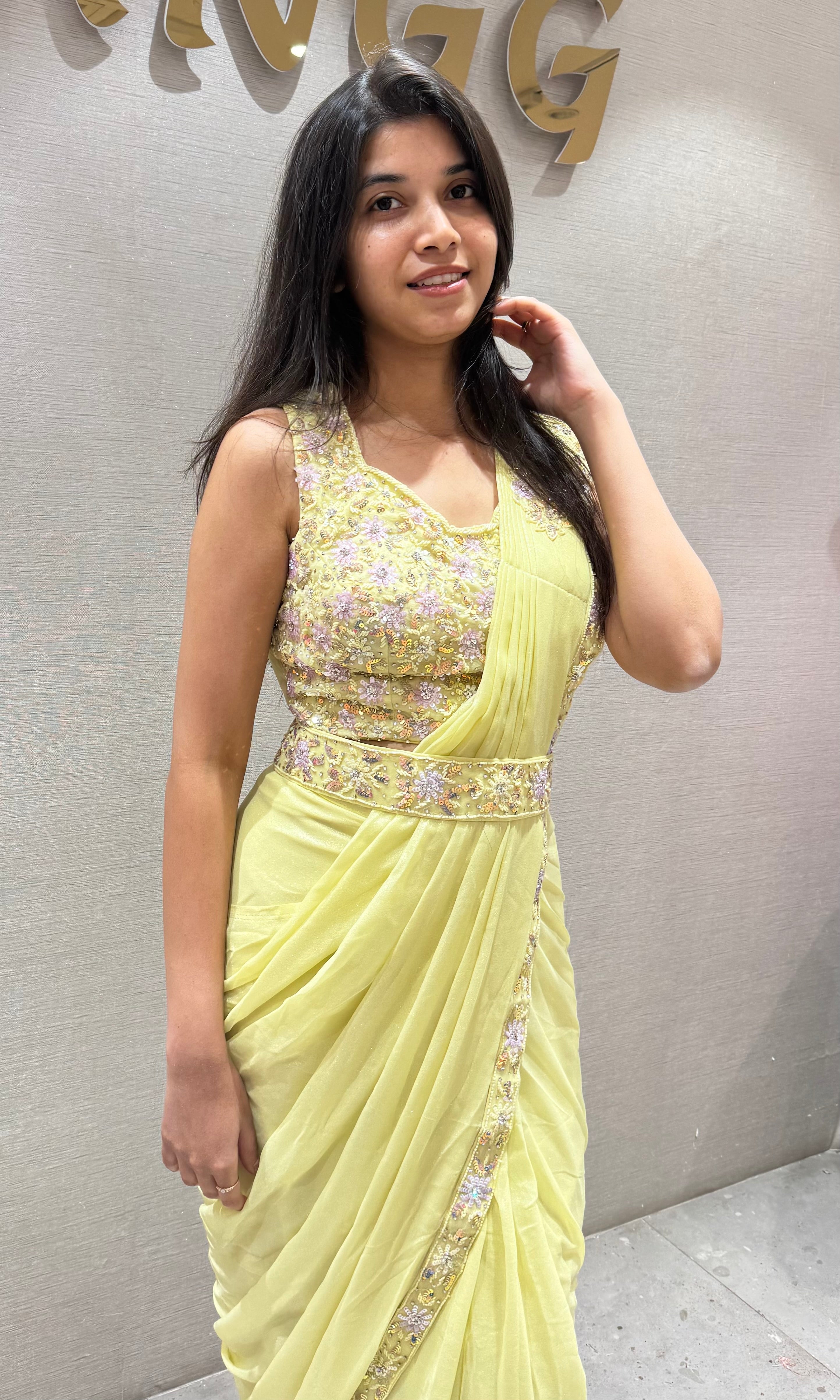Light Yellow Saree with Embellished Belt