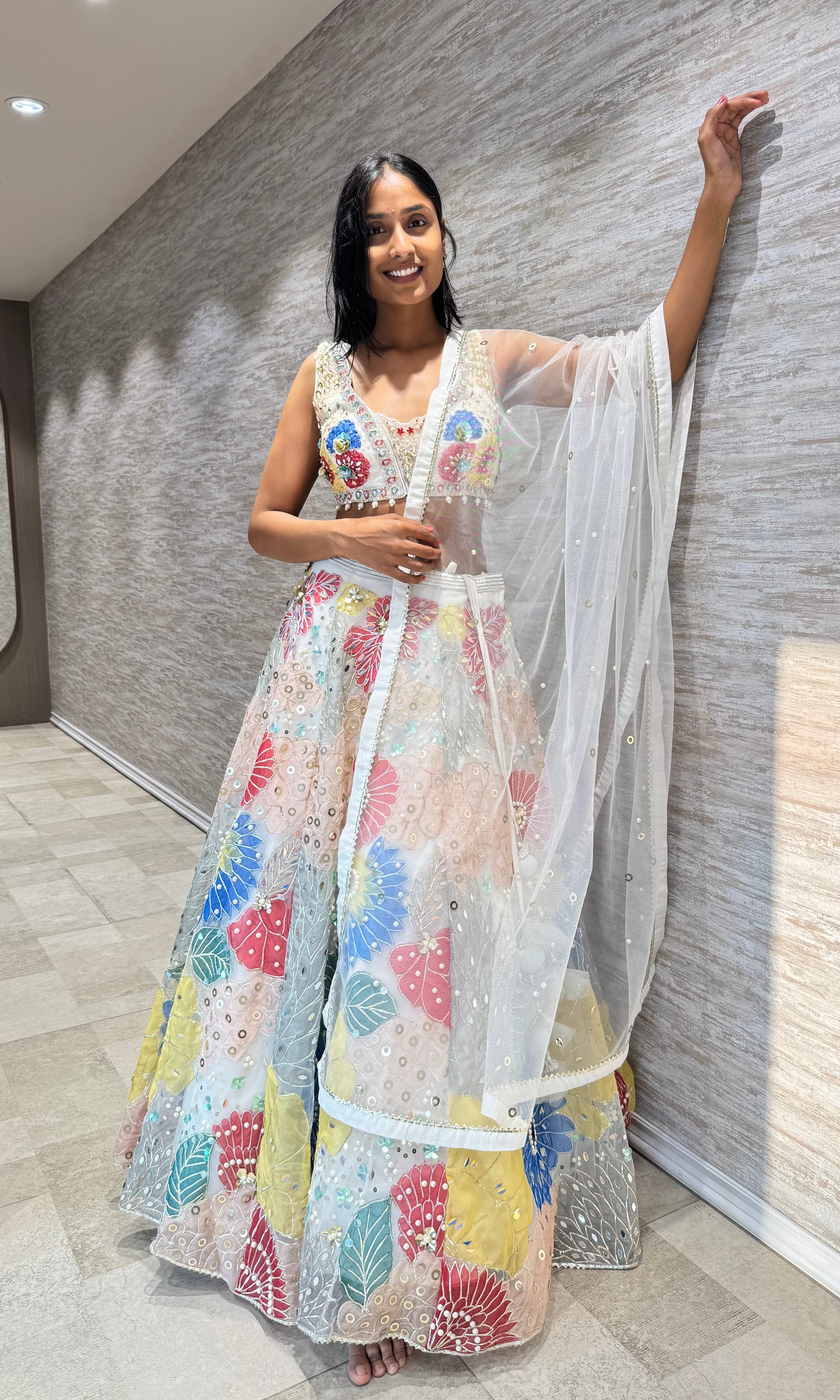 WHITE MULTI FLORAL EMBROIDERED LEHENGA