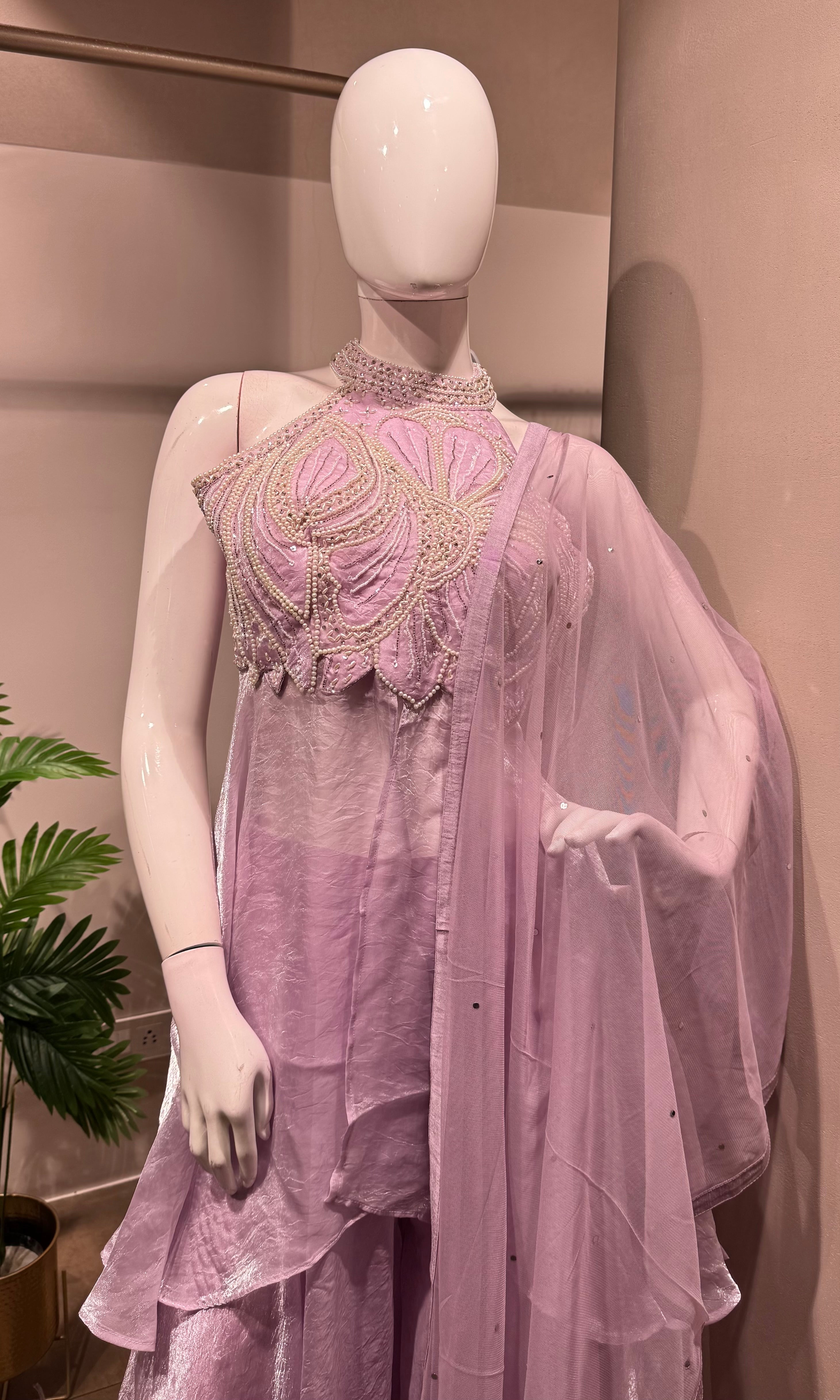 Lavender Hand-Embroidered PALAZZO Suit with Dupatta