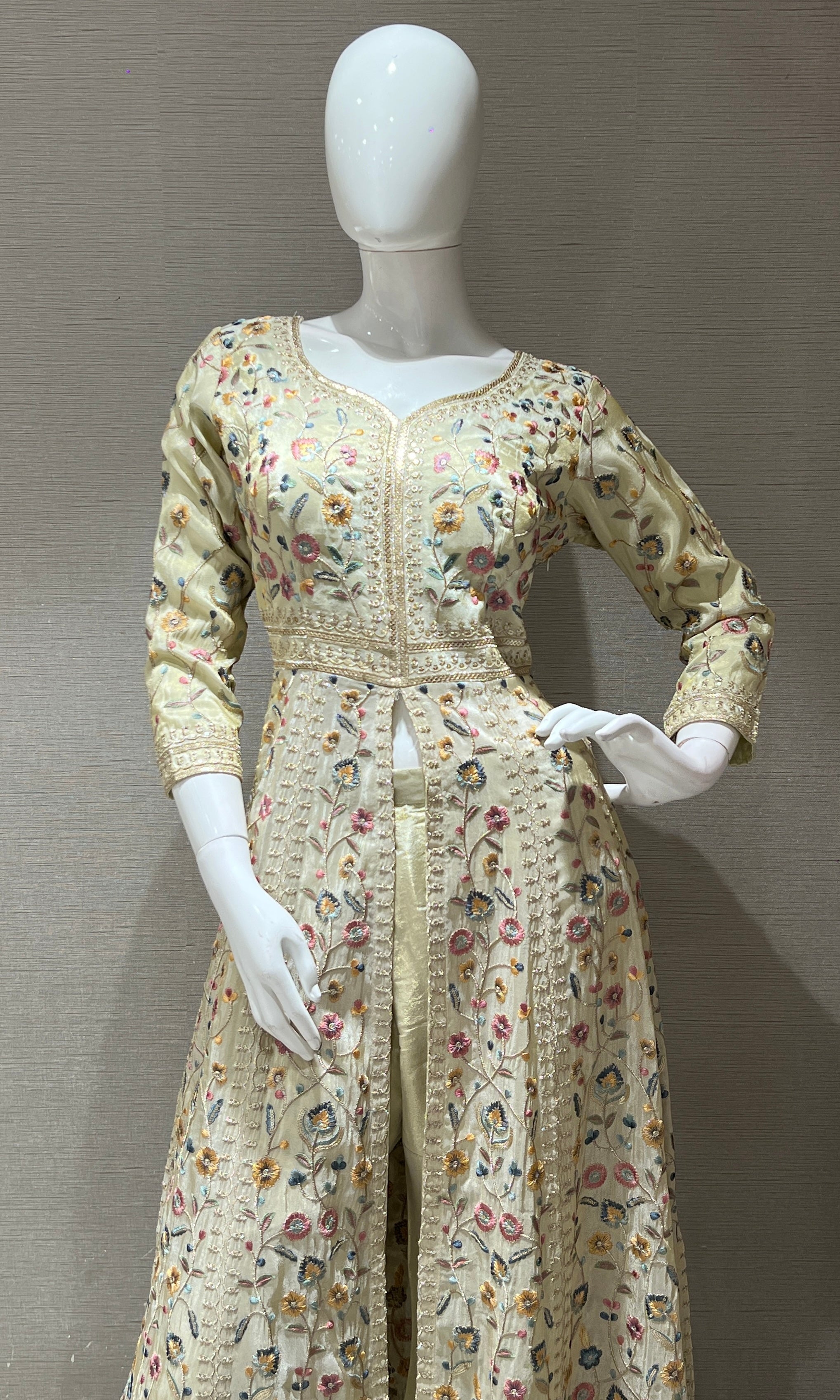 Cream Floral front slit Anarkali set