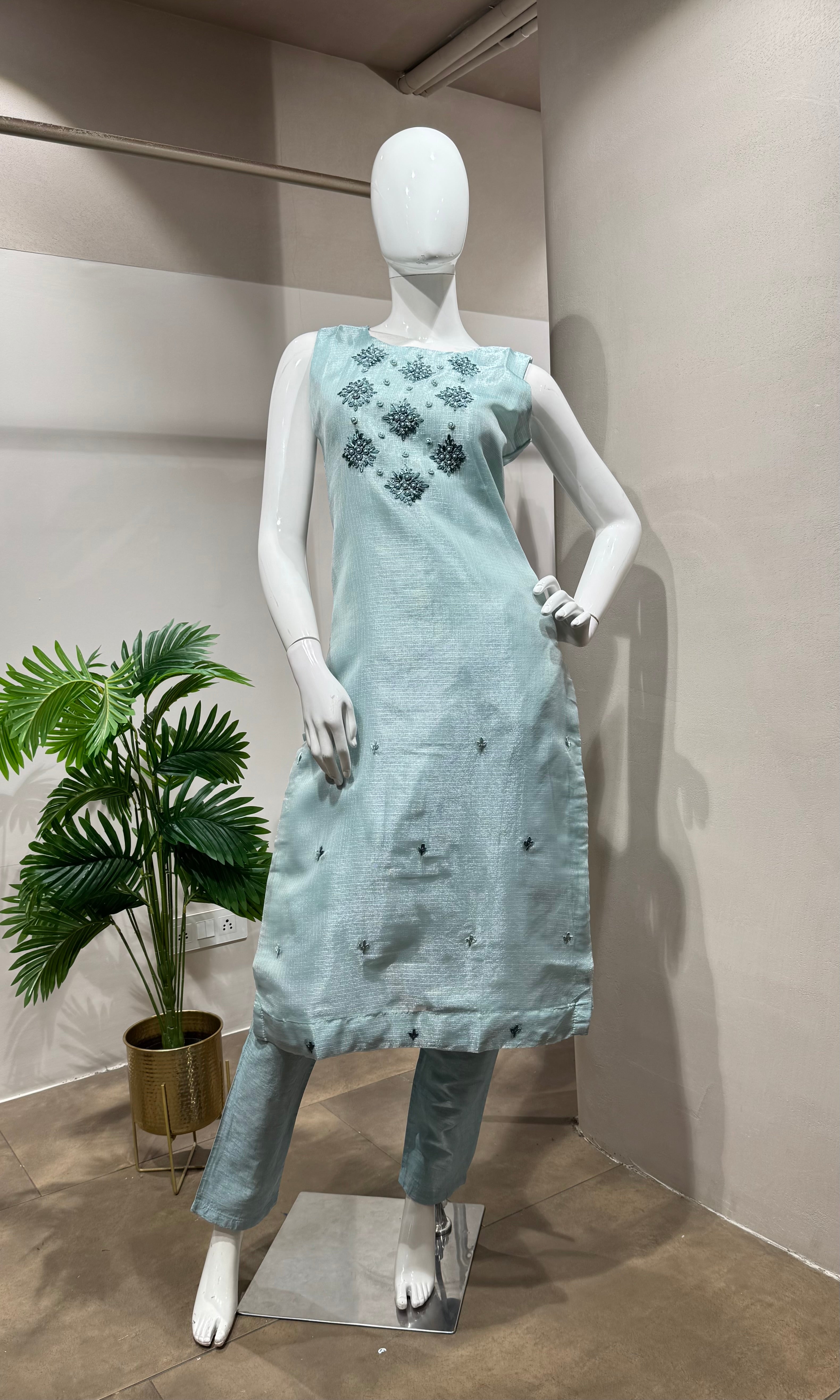 Sea Blue Kota Doria Embroidered Kurta Set