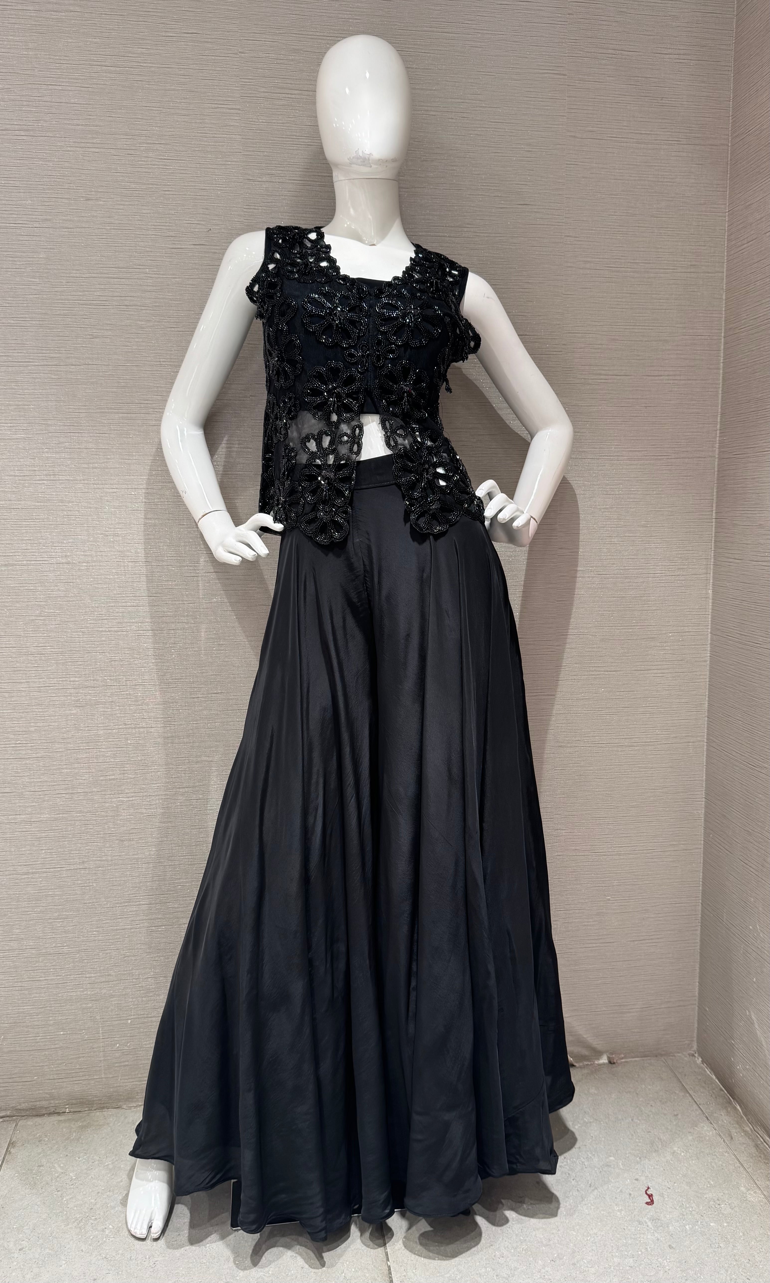 Black Lace Bodice Palazzo with Flared Chiffon Skirt