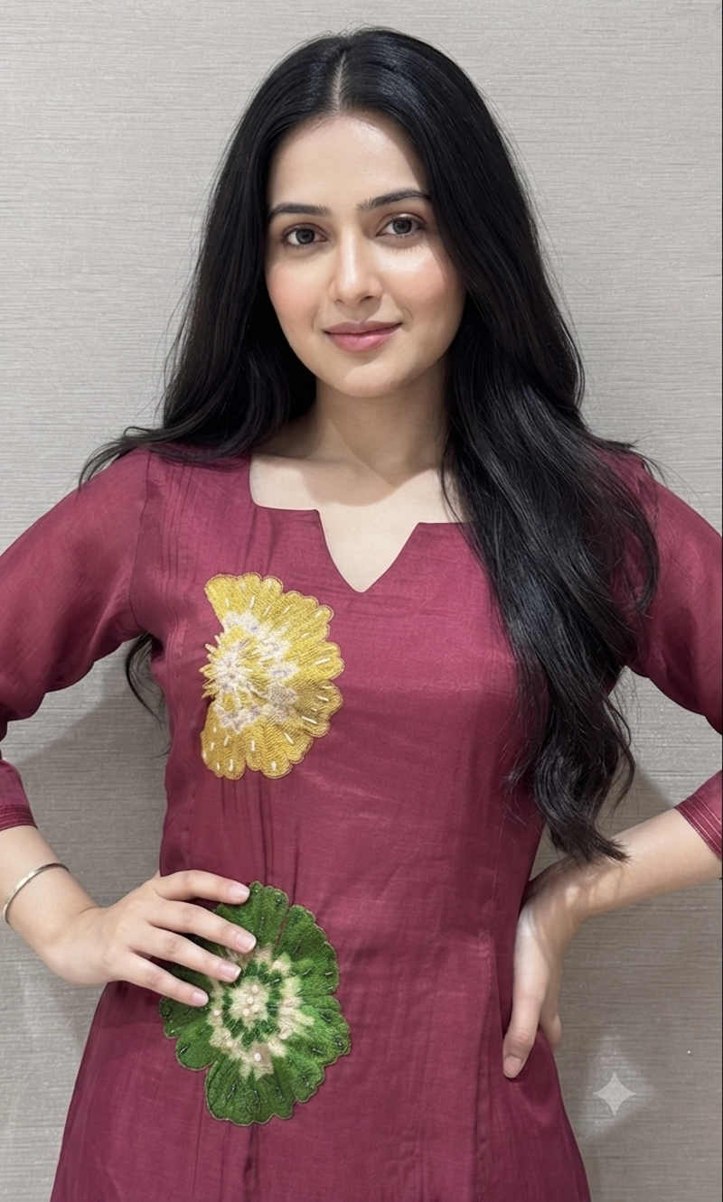 Wine cotton silk Floral Motif Kurta set with dupatta