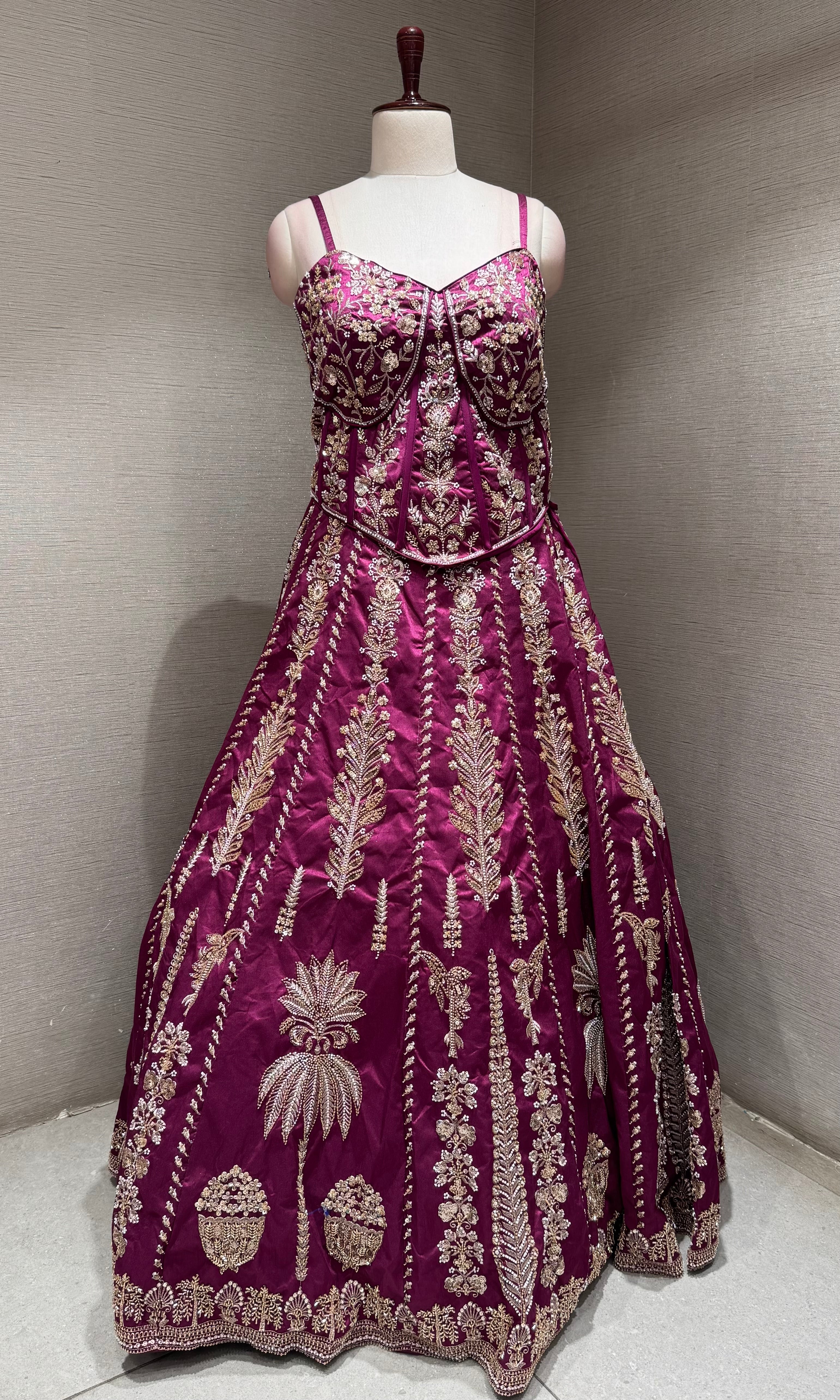 Wine embroidered peplum crop top lehenga set