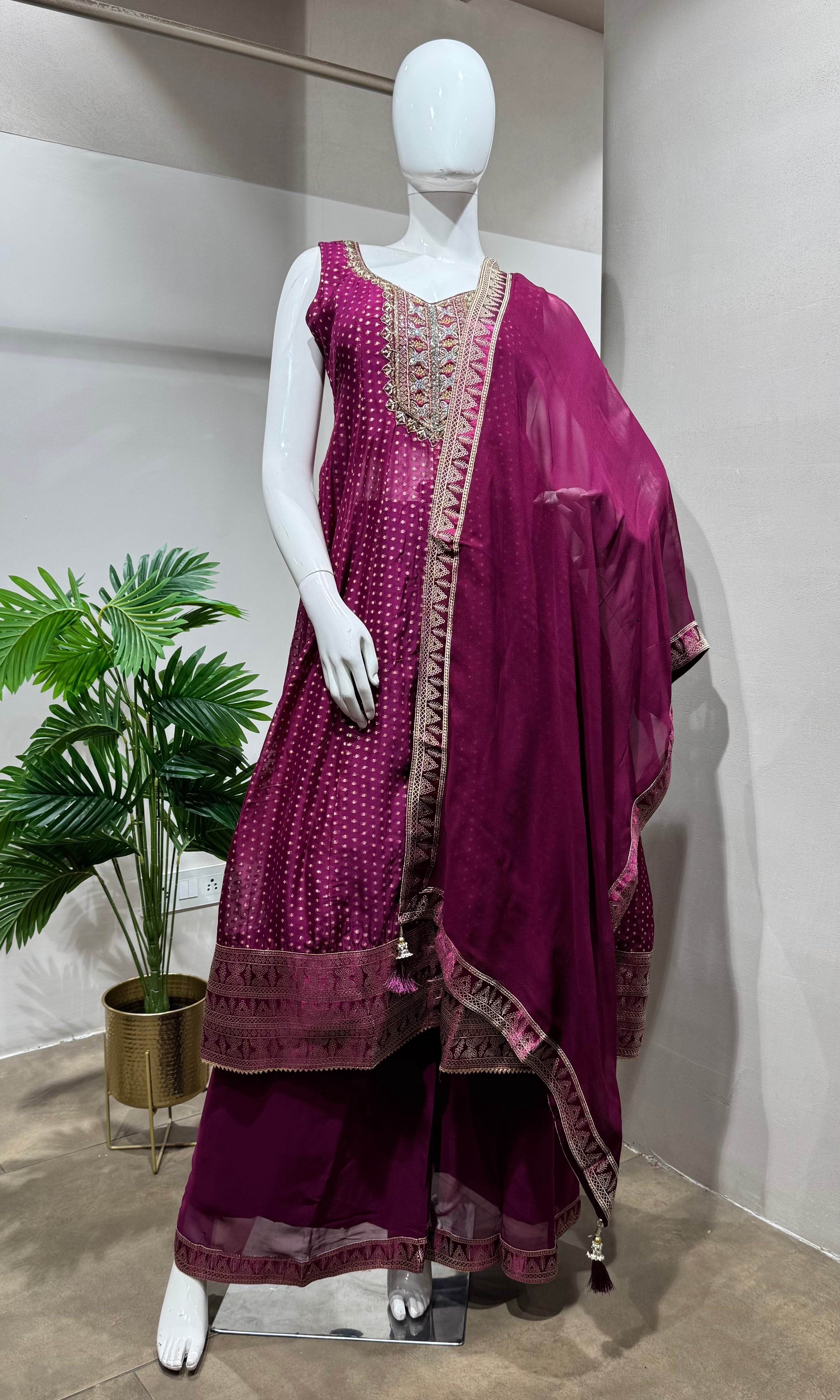 Wine Silk Blend Embroidered ANARKALI  Set