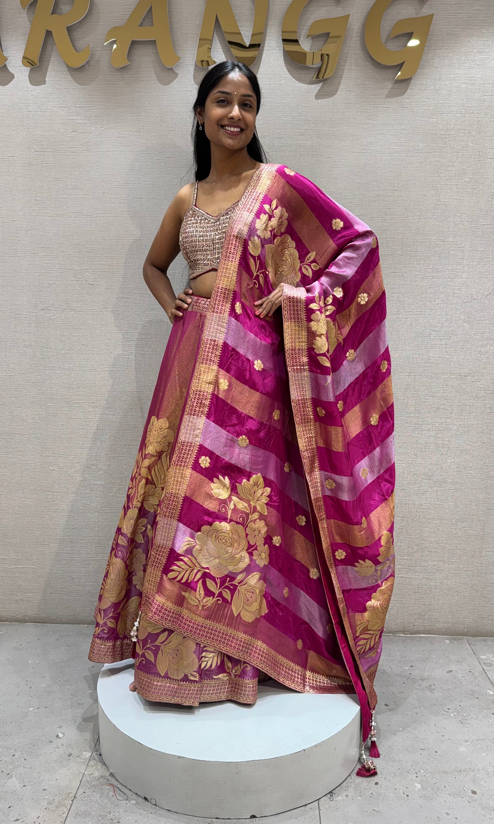 Fuchsia PINK and Gold Floral Banarasi Silk Lehenga