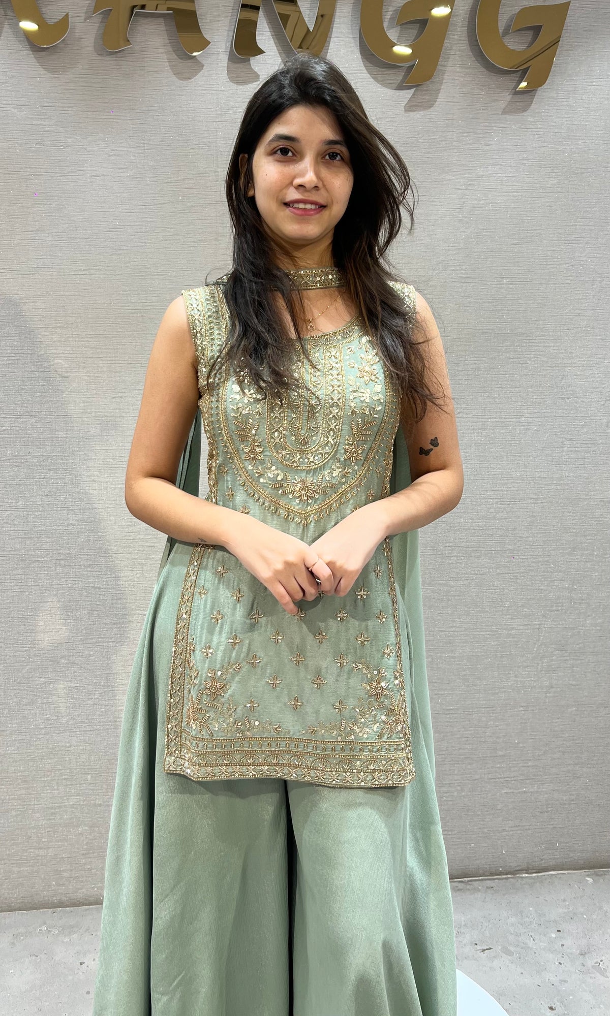 Sage Green Zari Embroidered Chanderi Palazzo Set