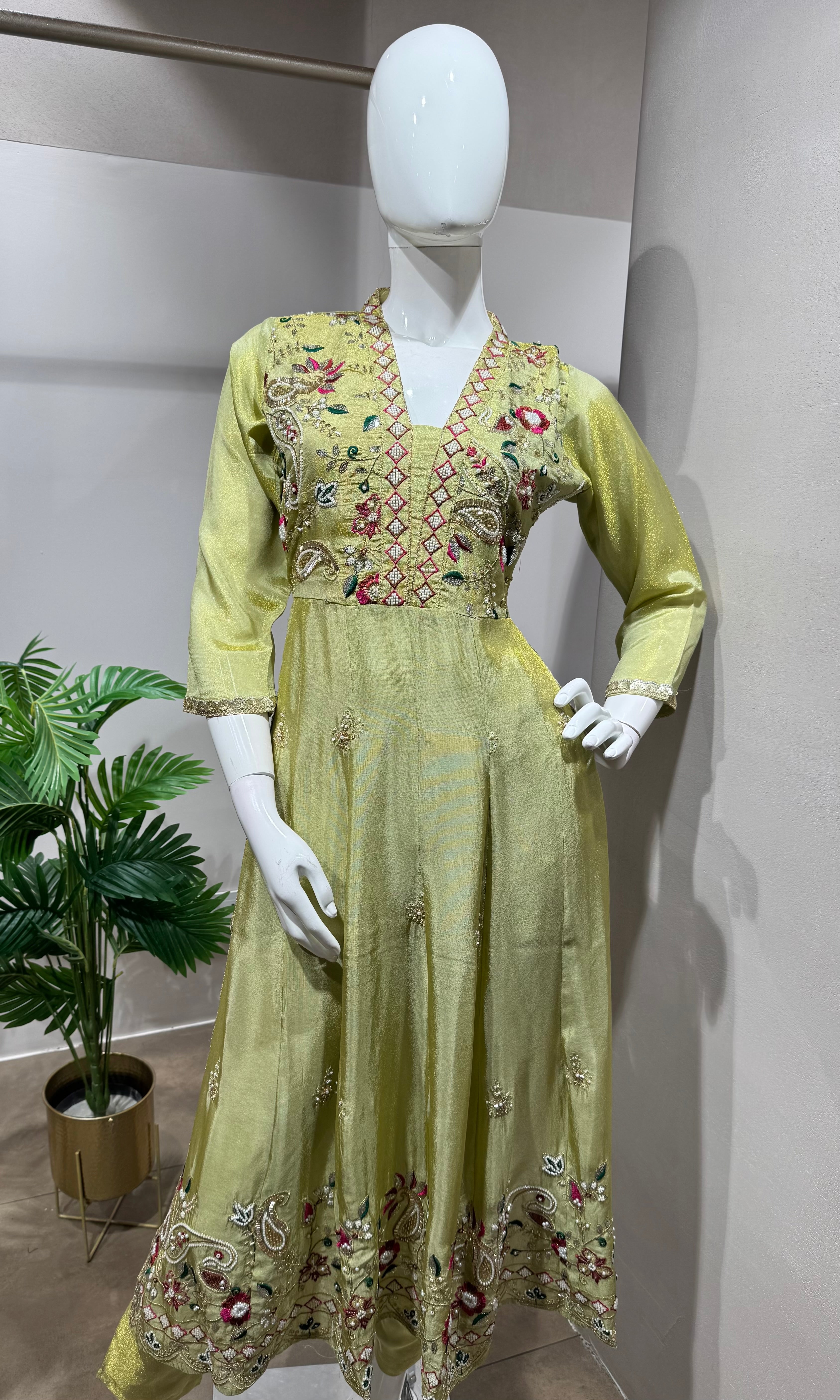 Pista Green Floral design Anarkali kurta set