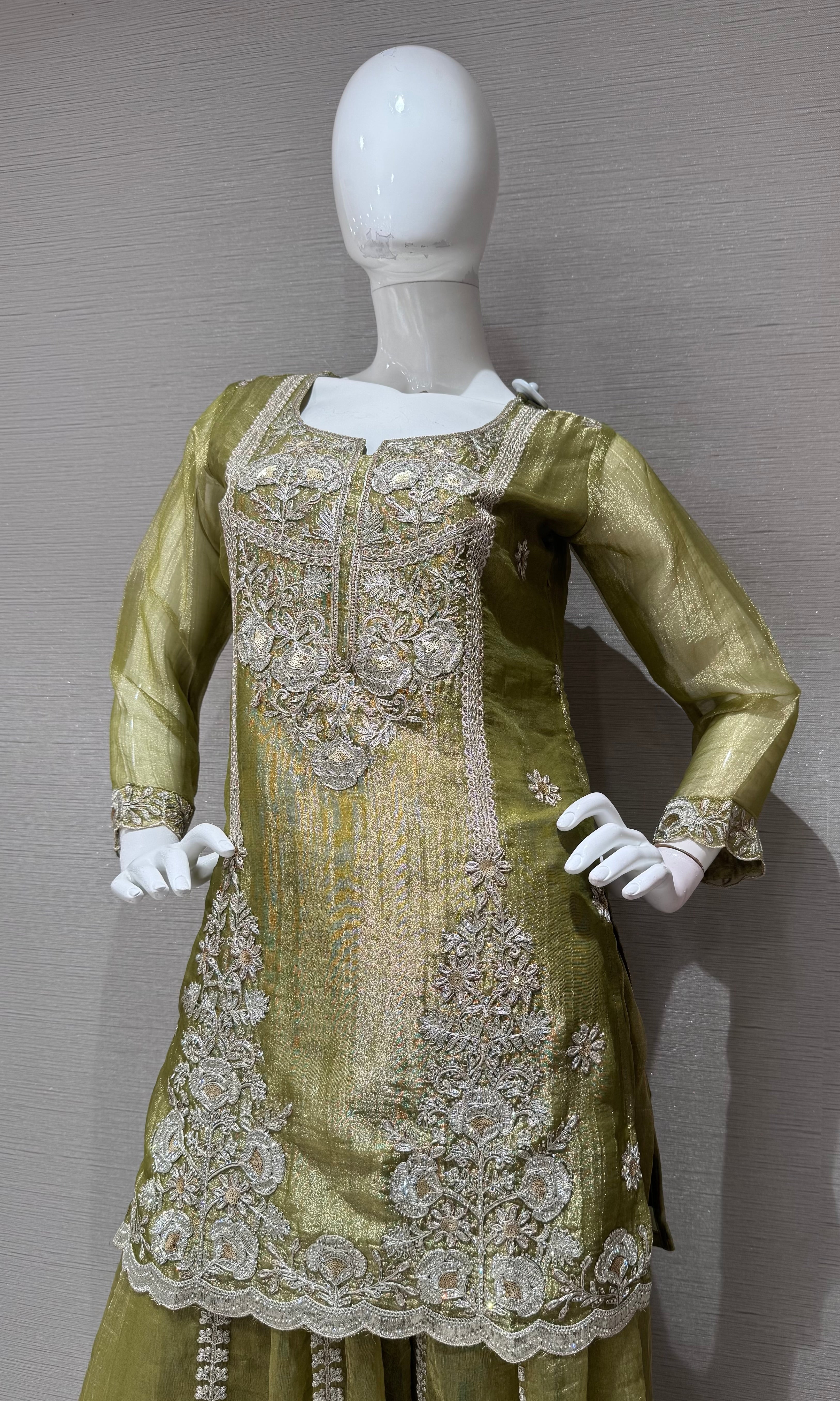 Olive Green Embroidered Sharara Set with Sheer Dupatta