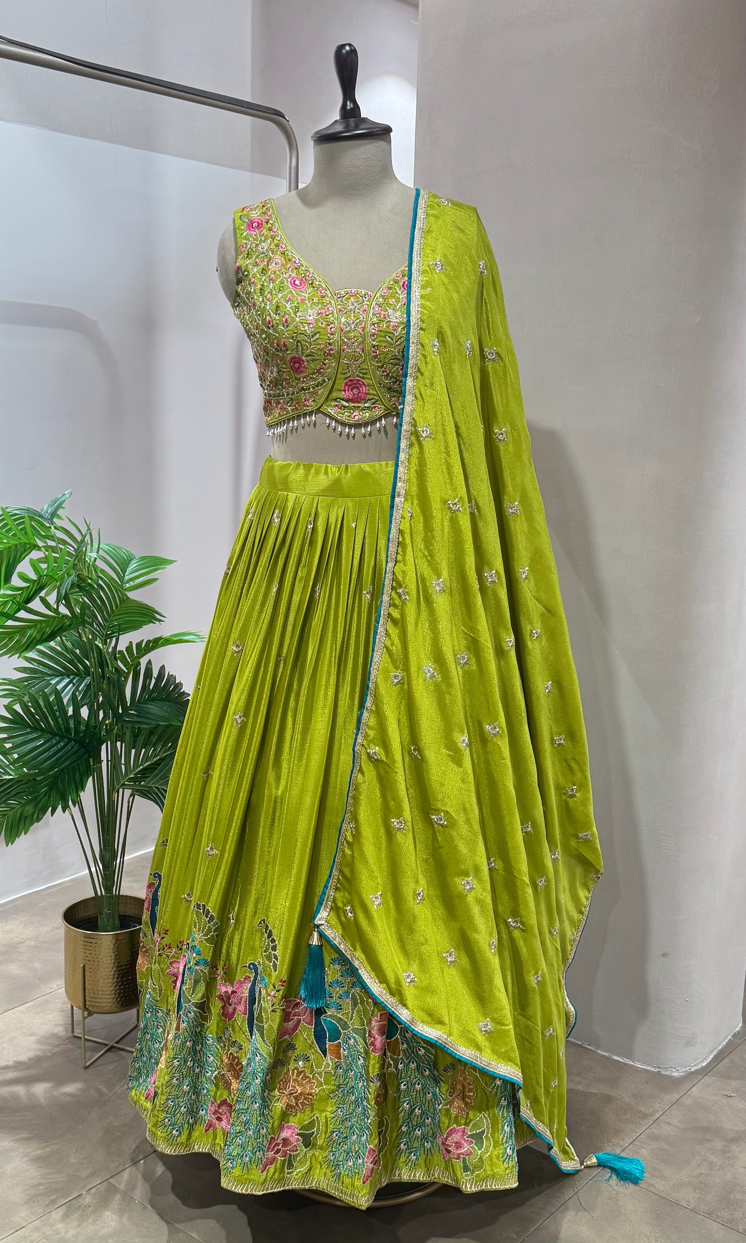 Green peacock embroidered Lehenga