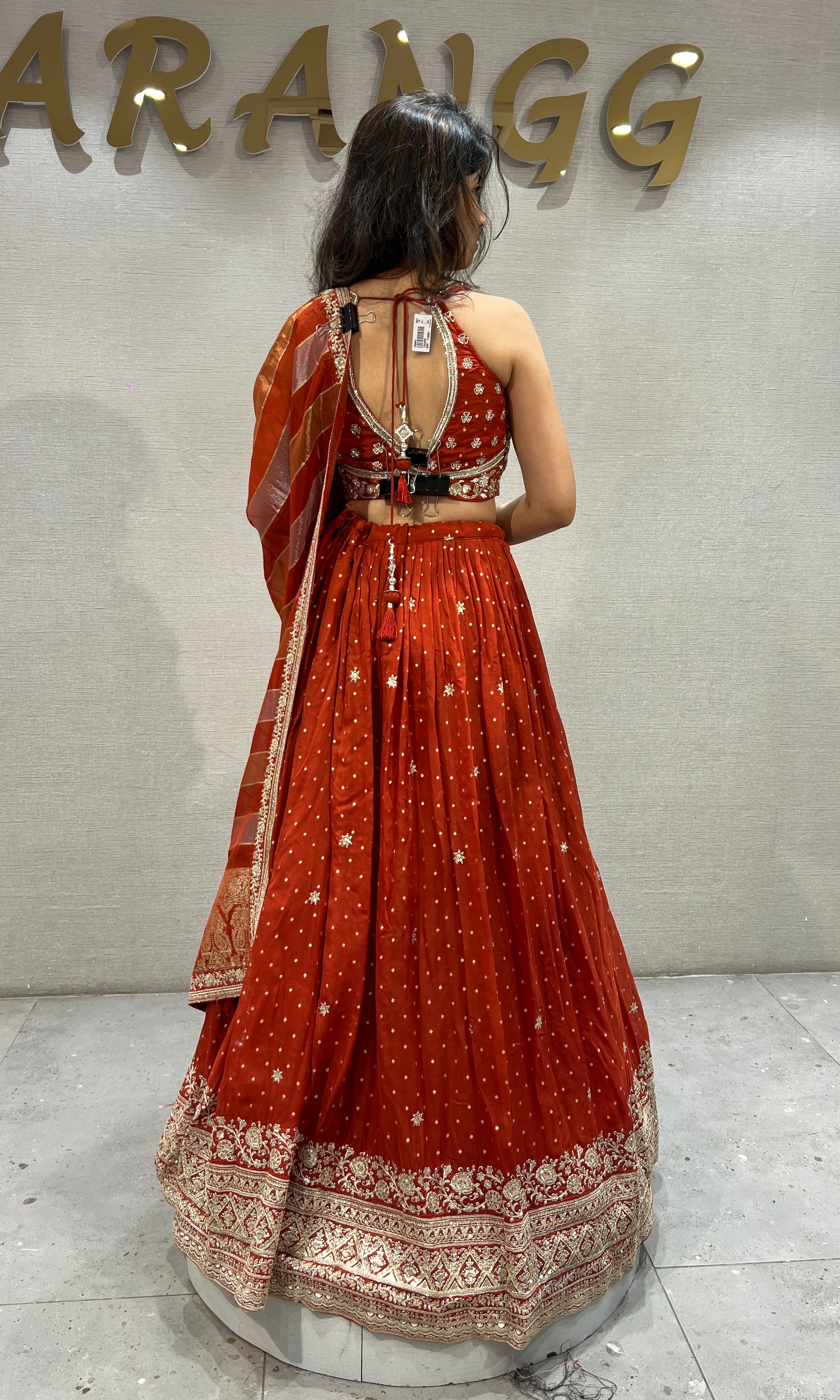 Rust golden Lehenga Set with Striped Dupatta