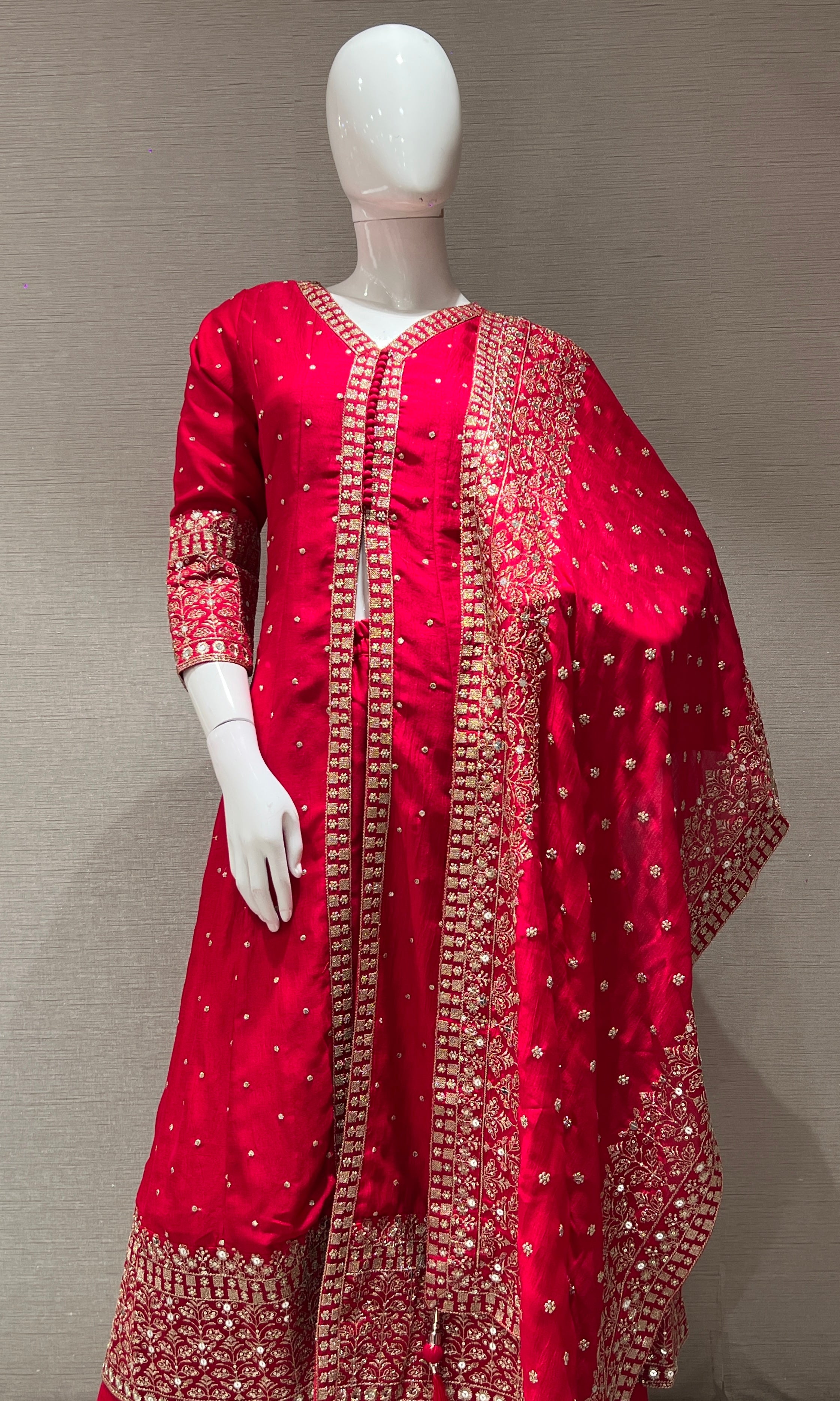 Red embroidered front slit Anarkali