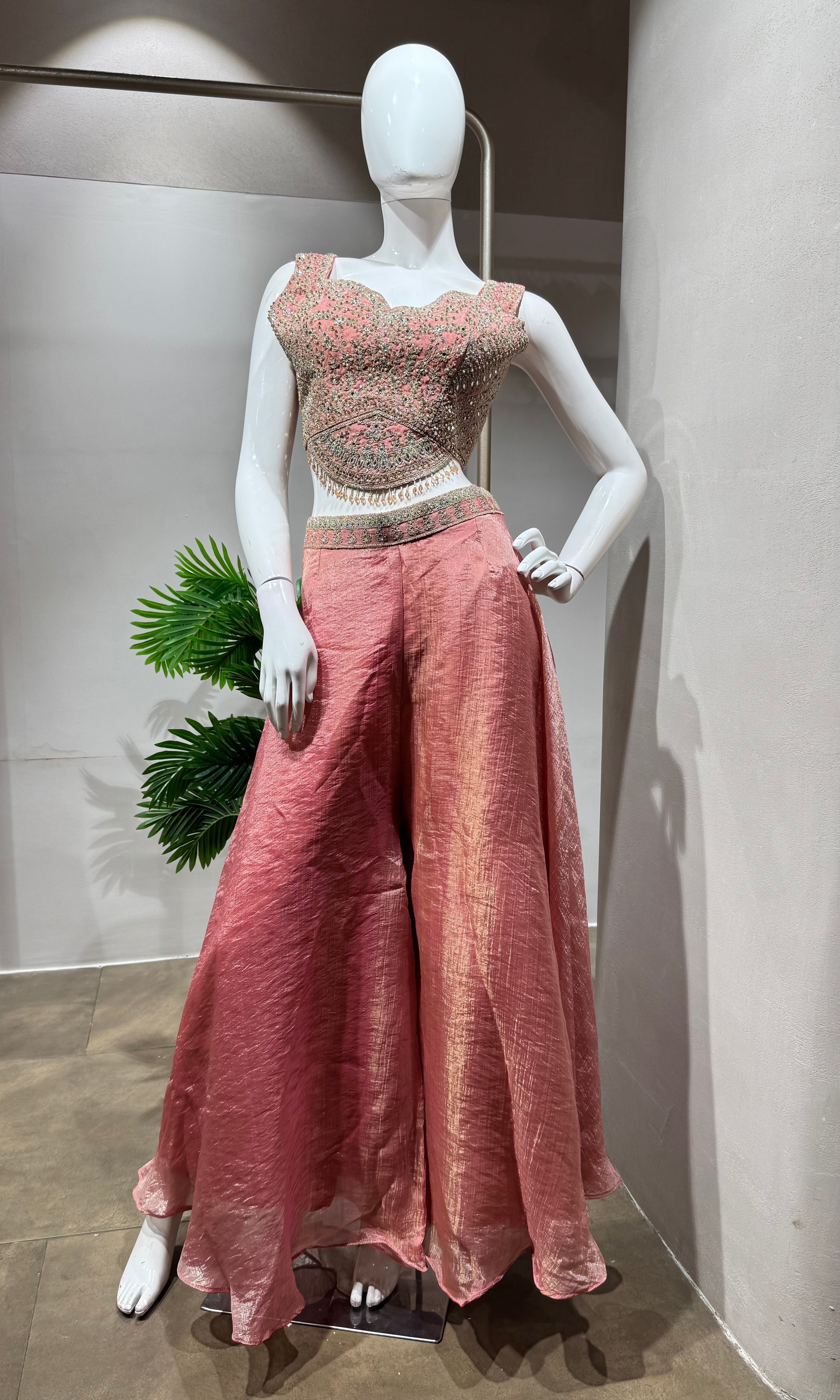 Rose Pink Jacquard Jacket Palazzo Set