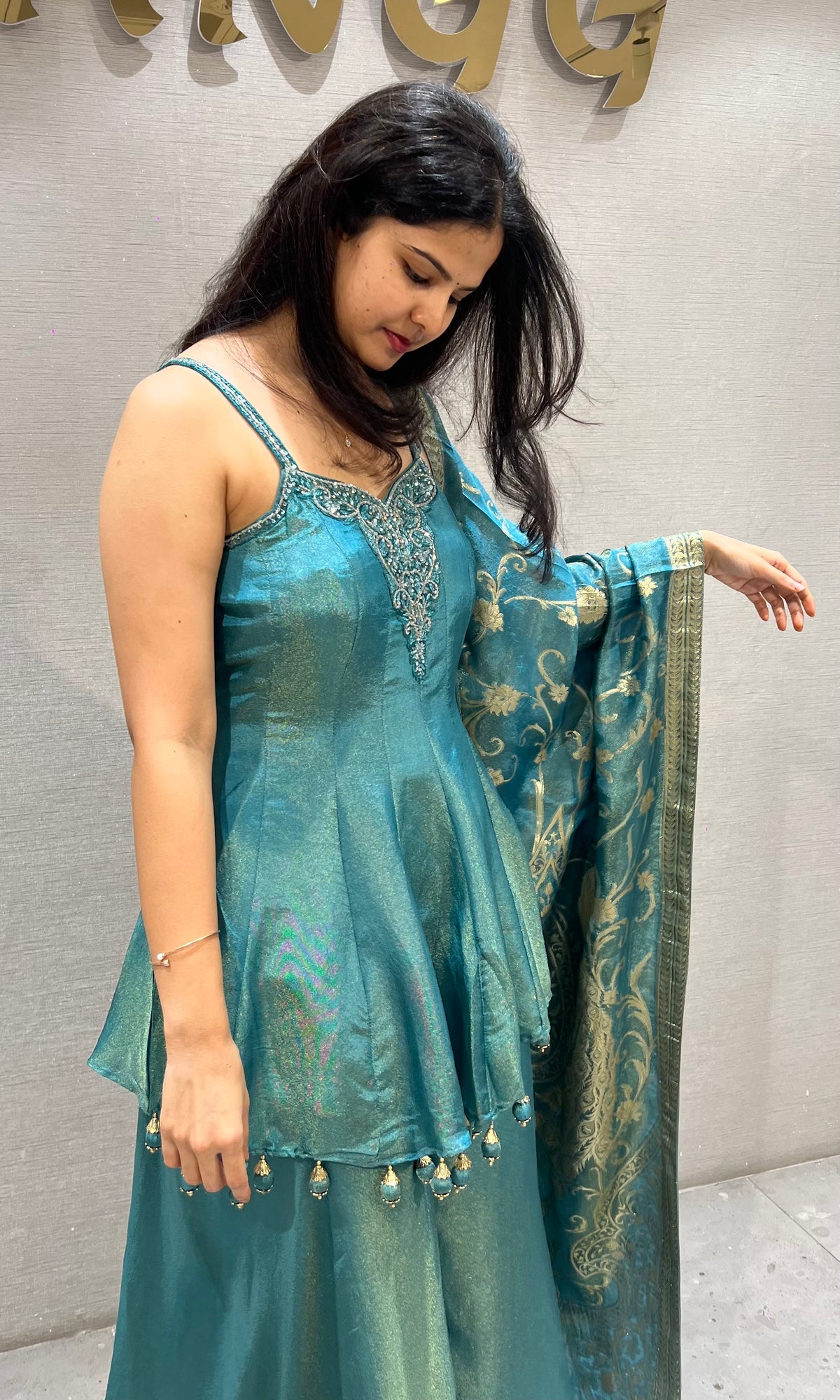 Blue ethnic Silk Blend Shimmer Peplum Palazzo set