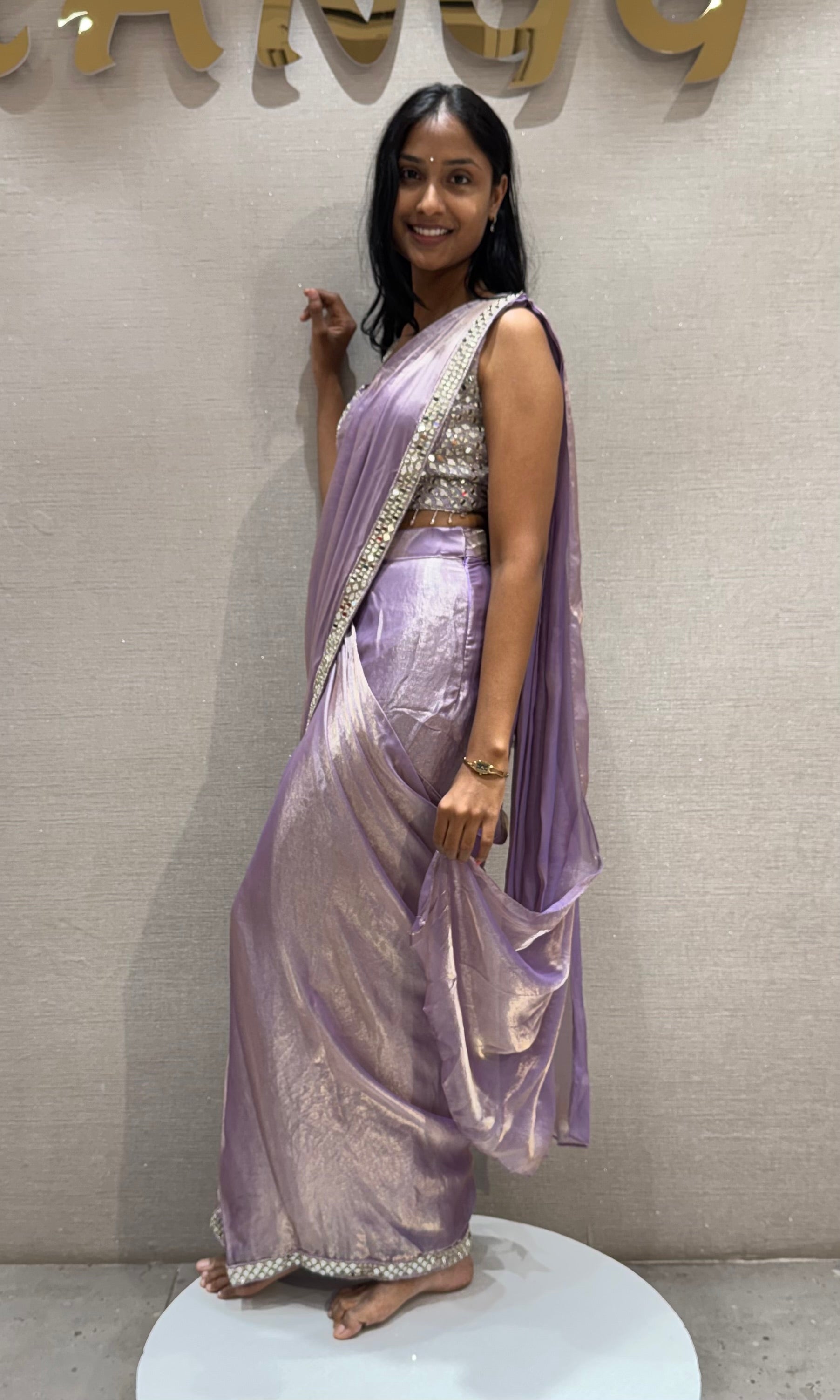 Lilac Metallic Party Wear Saree with Embellished Blouse