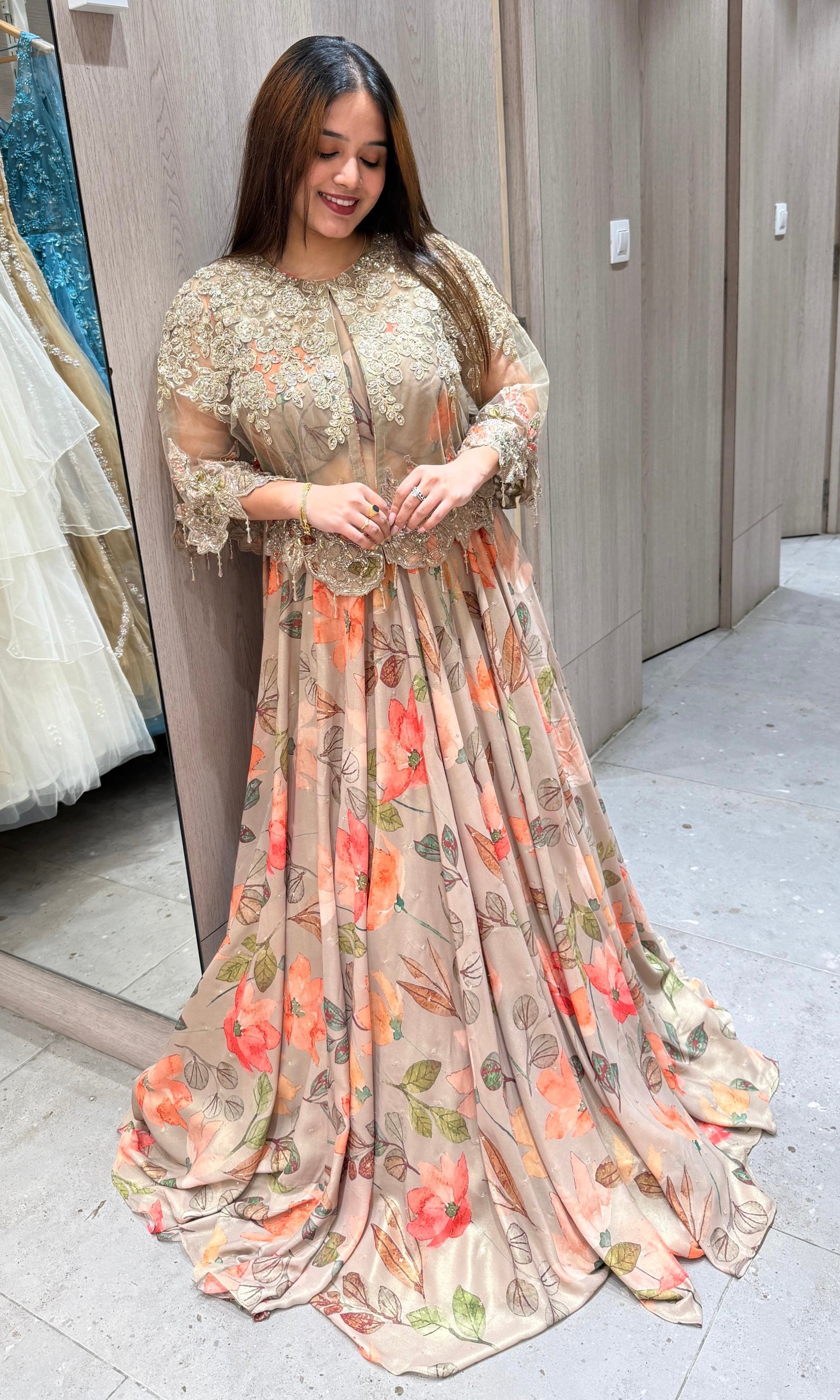 Brown floral with over coat Lehenga