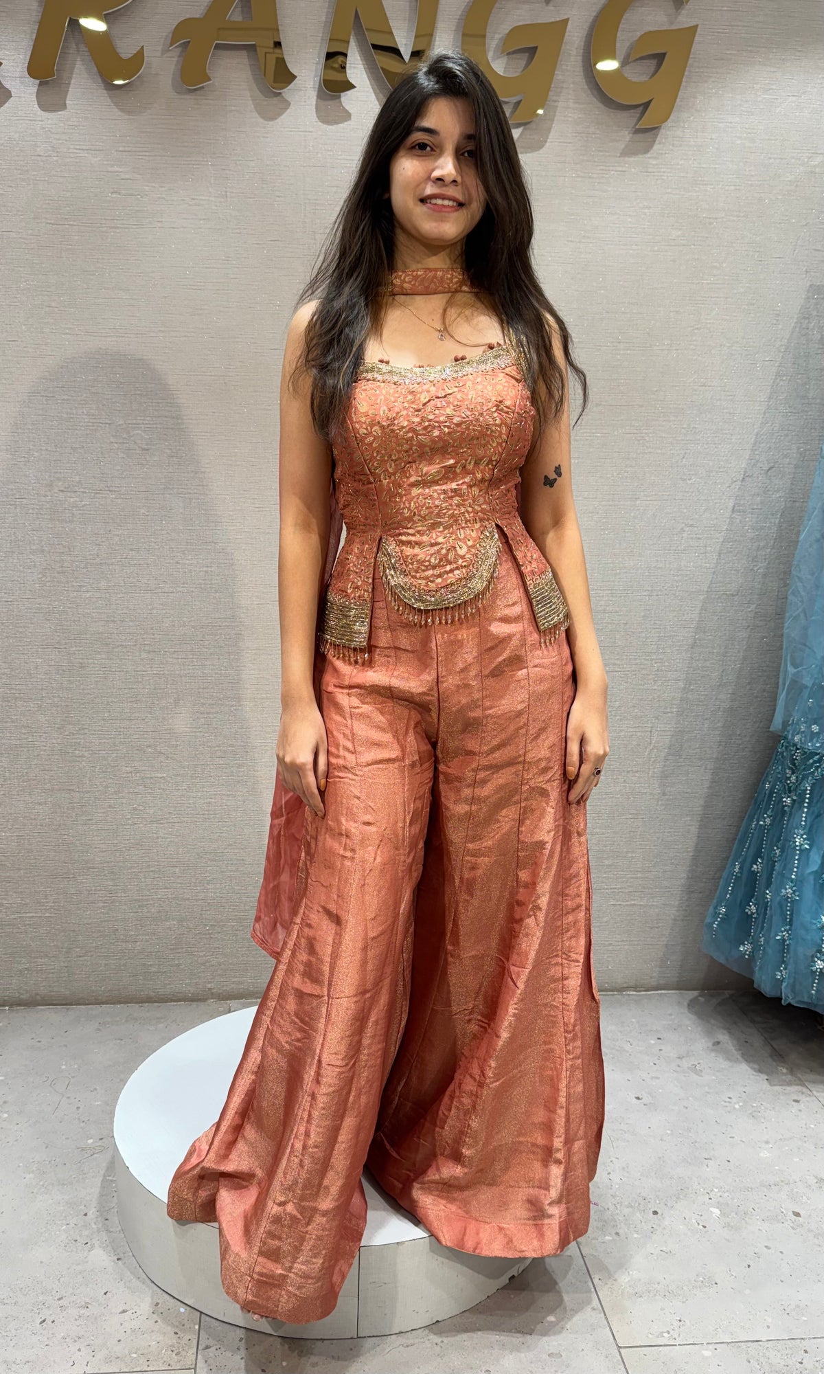 Peach Shimmer Embroidered Corset Crop Top with Palazzo Set & dupatta