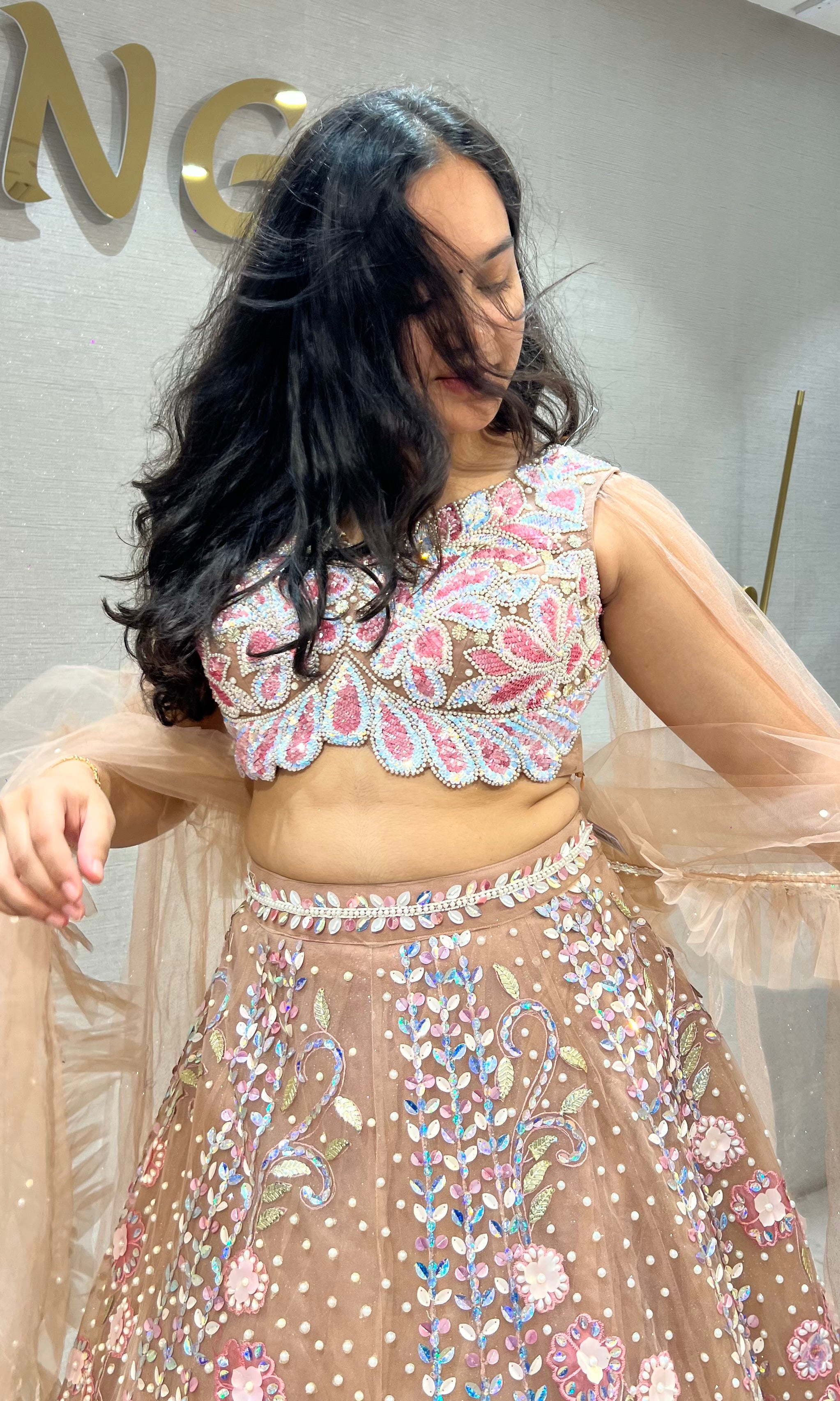 Moee Pink Floral Sequins and Beads Lehenga set