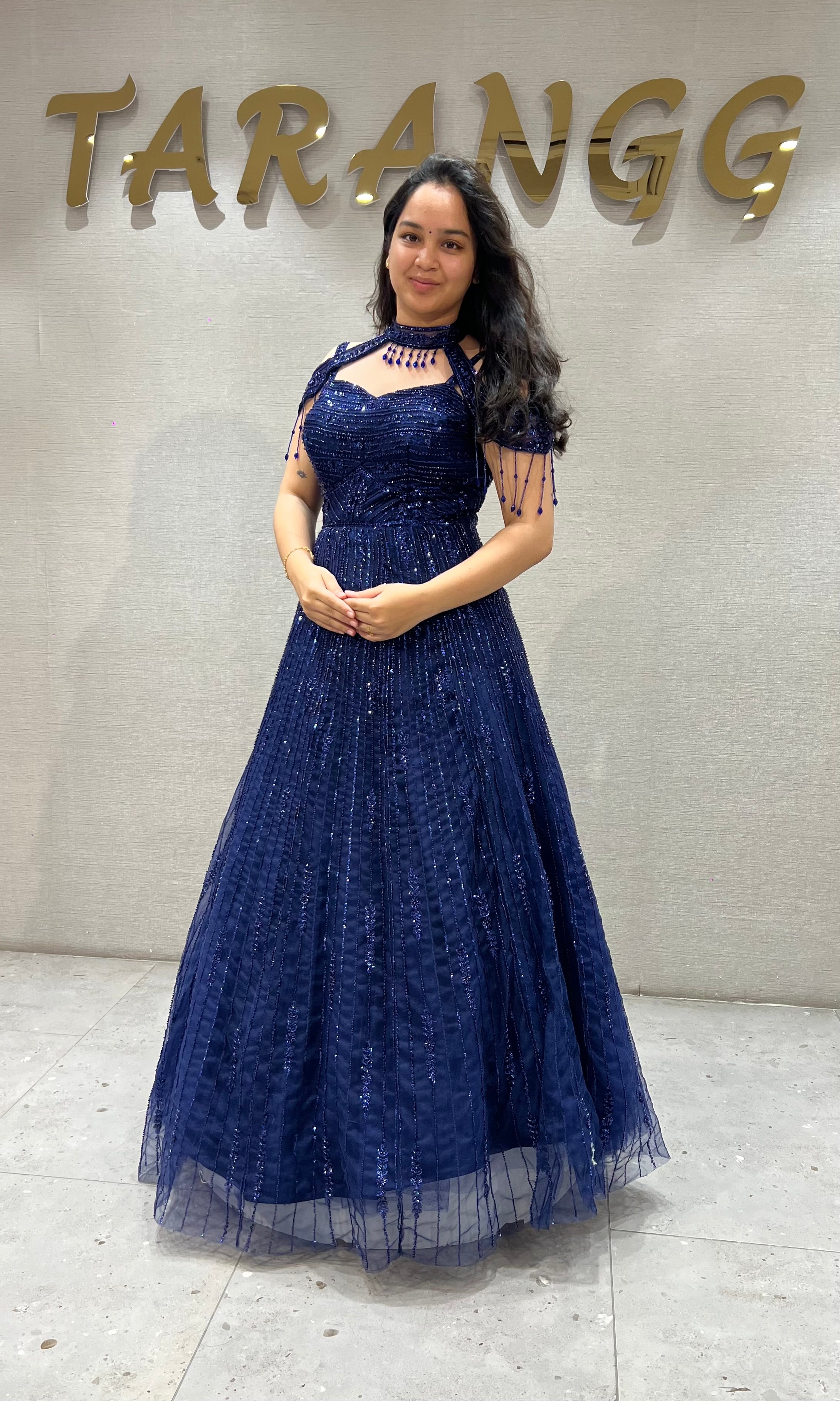 Royal Blue Halter Neck Ballgown with Sheer Cap Sleeves