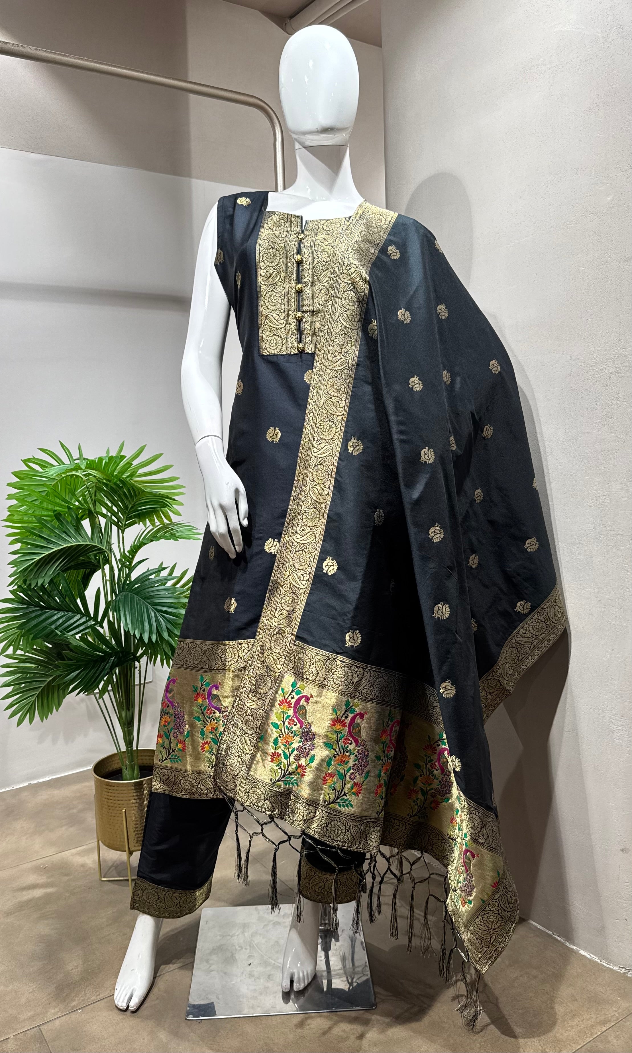 Black Embroidered Silk Kurta Set with Dupatta