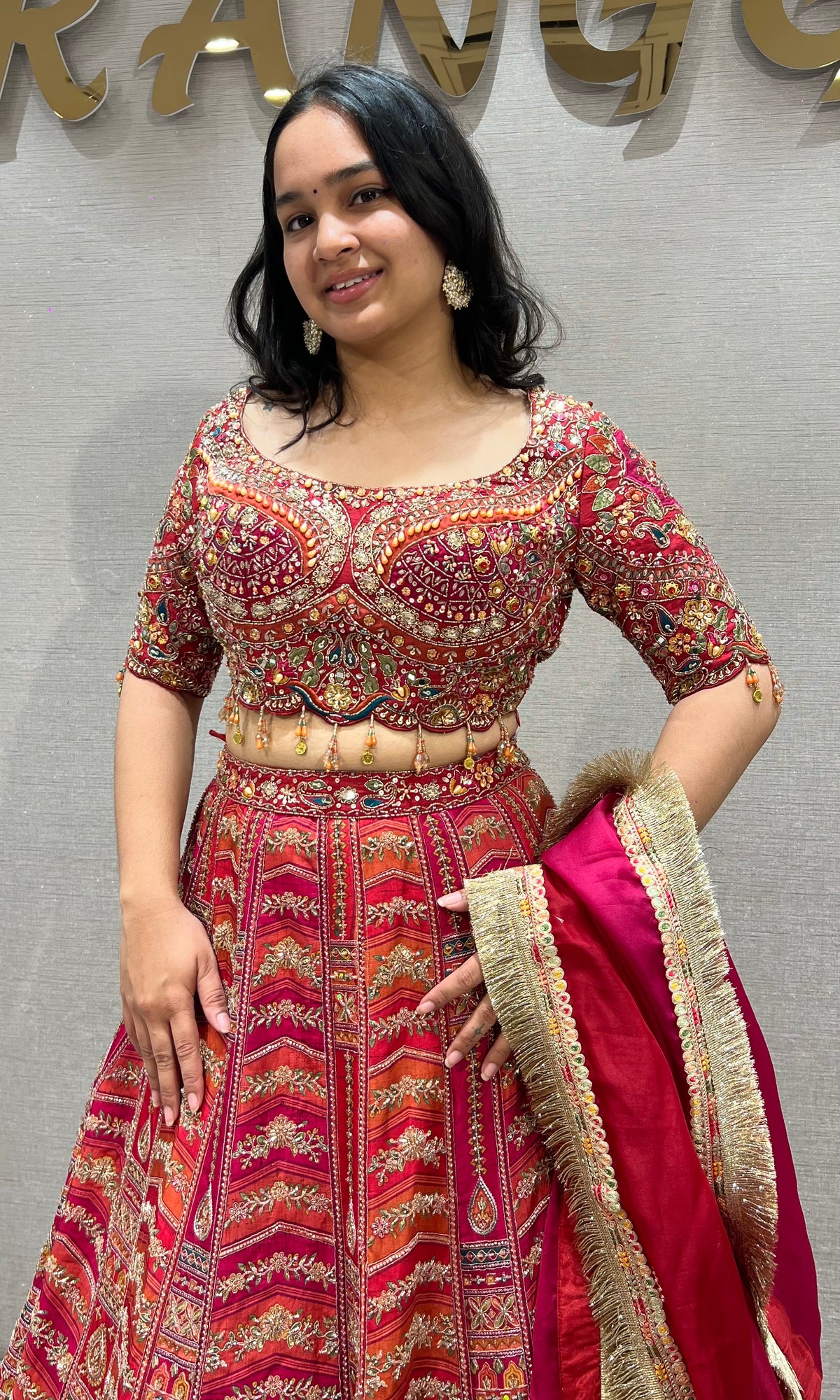 Red Multi Brocade Lehenga with Heavily Embroidered Choli Set
