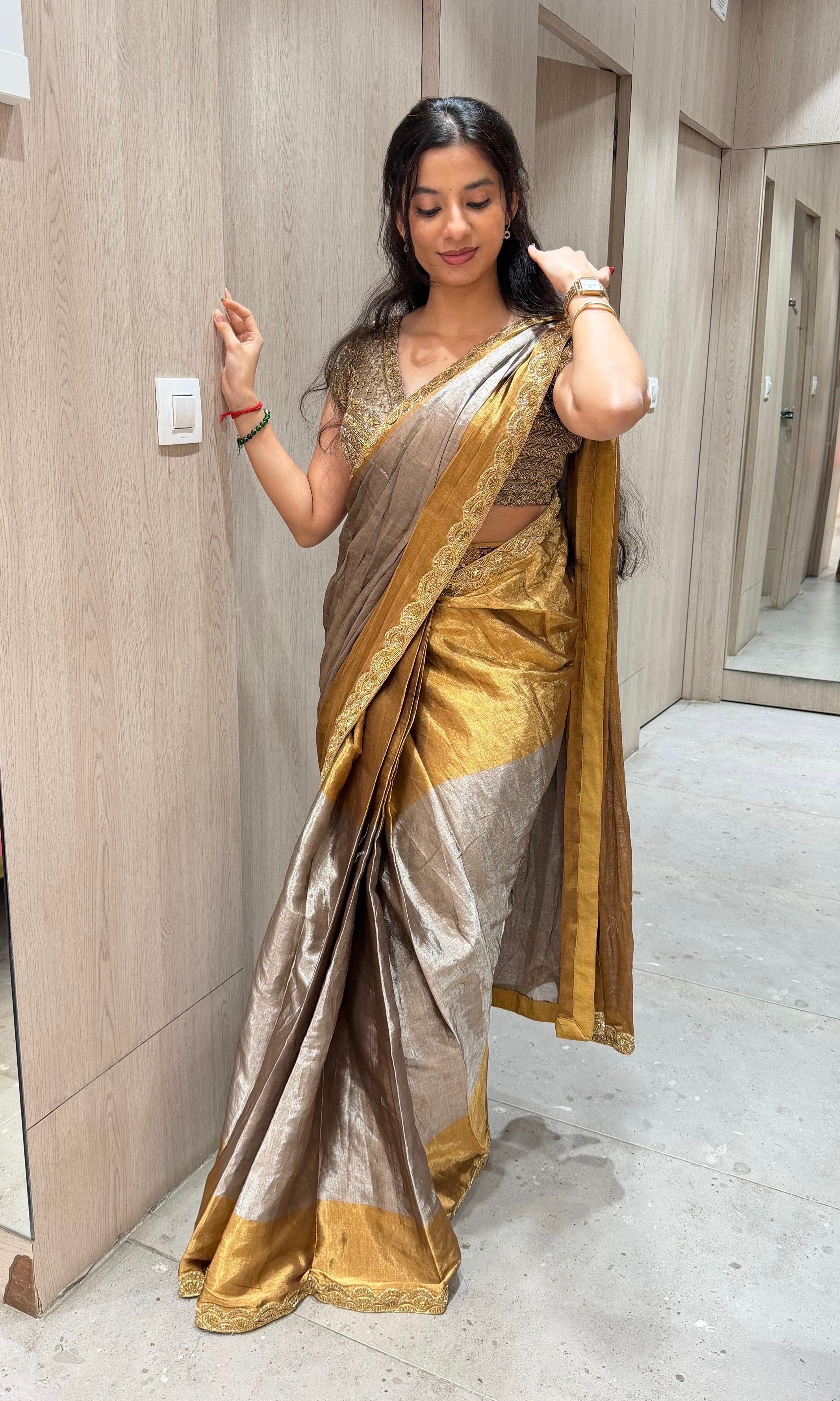 Grey AND GOLD saree WITH EMBROIDERED BLOUSE