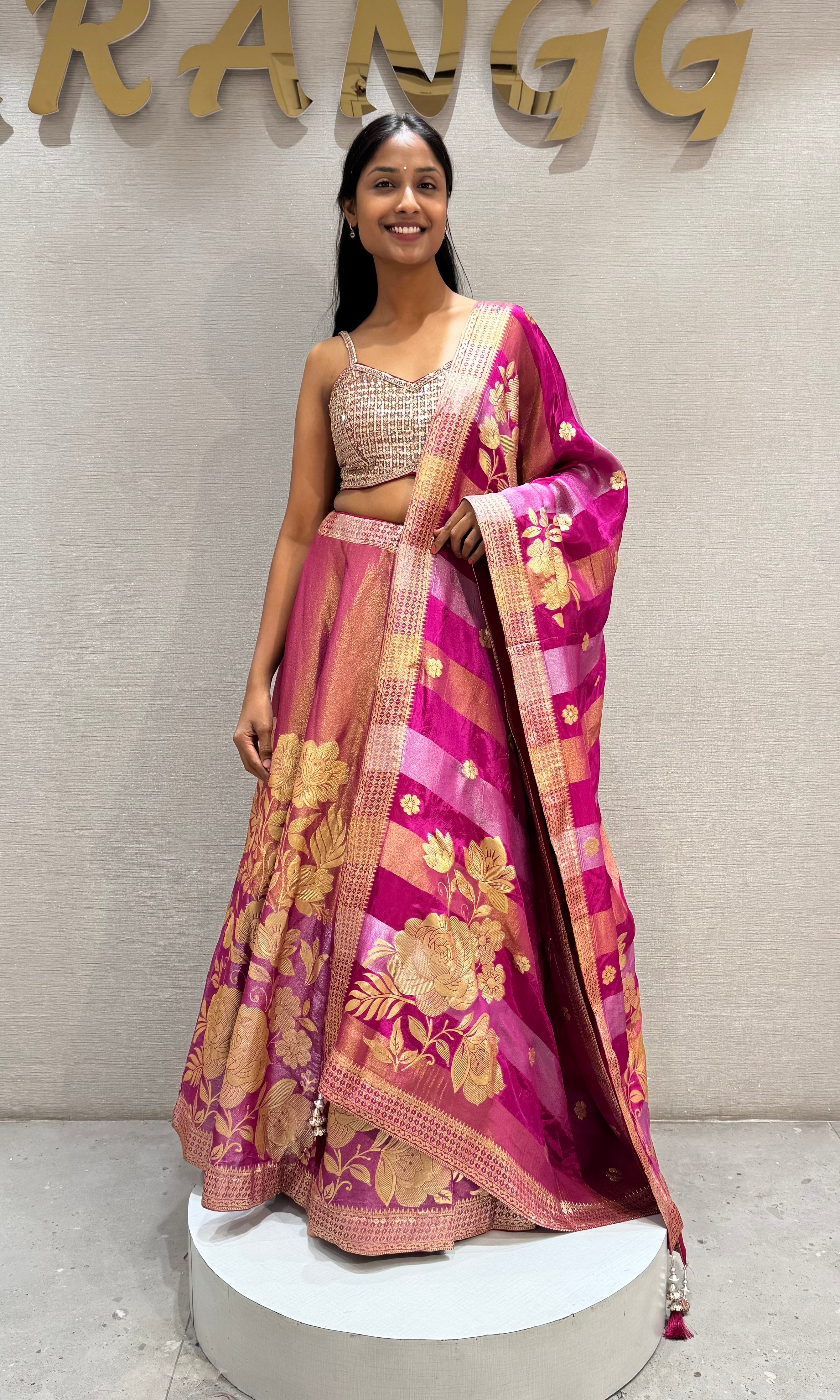 Fuchsia PINK and Gold Floral Banarasi Silk Lehenga