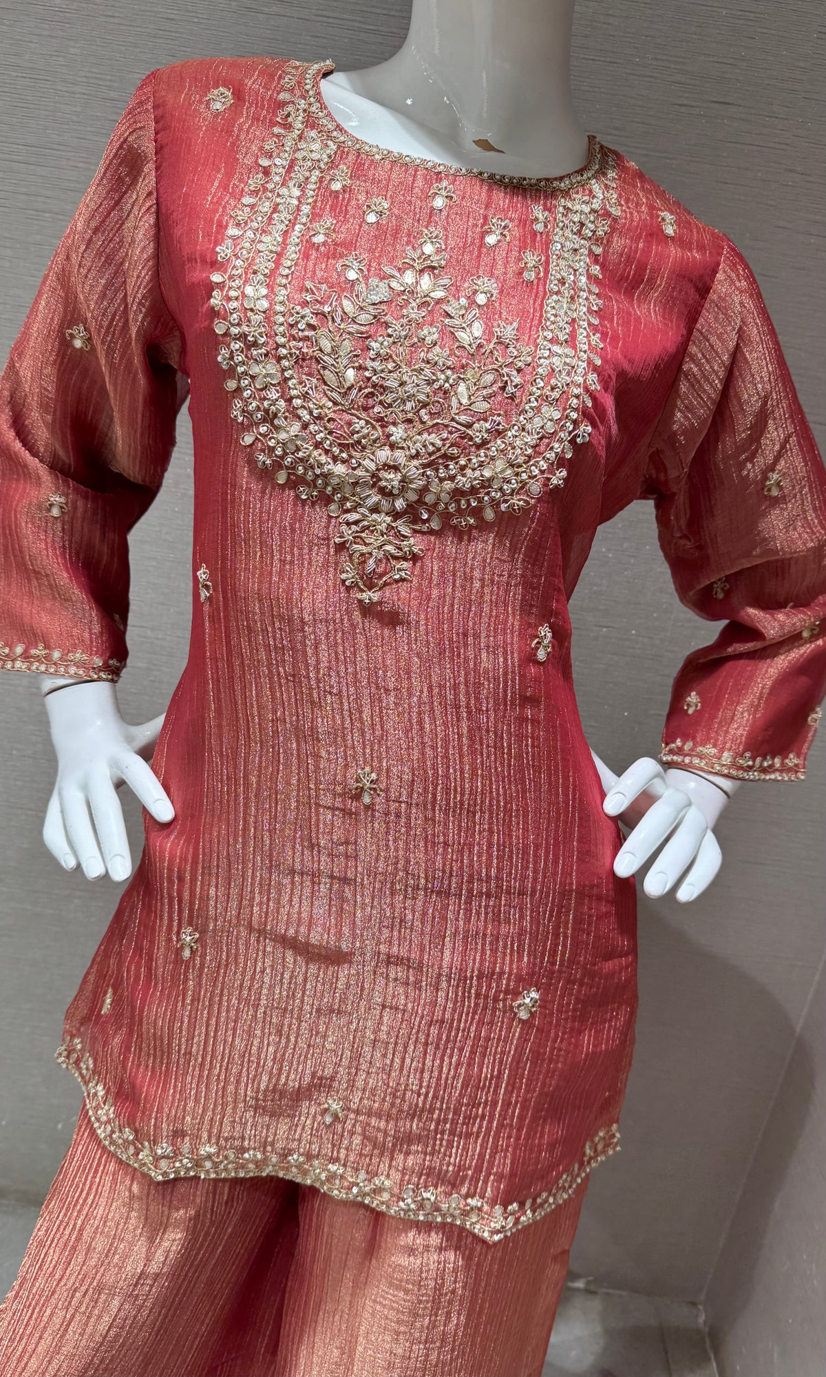 RUST TISSUE SILK EMBROIDERED SHARARA SET WITH DUPATTA