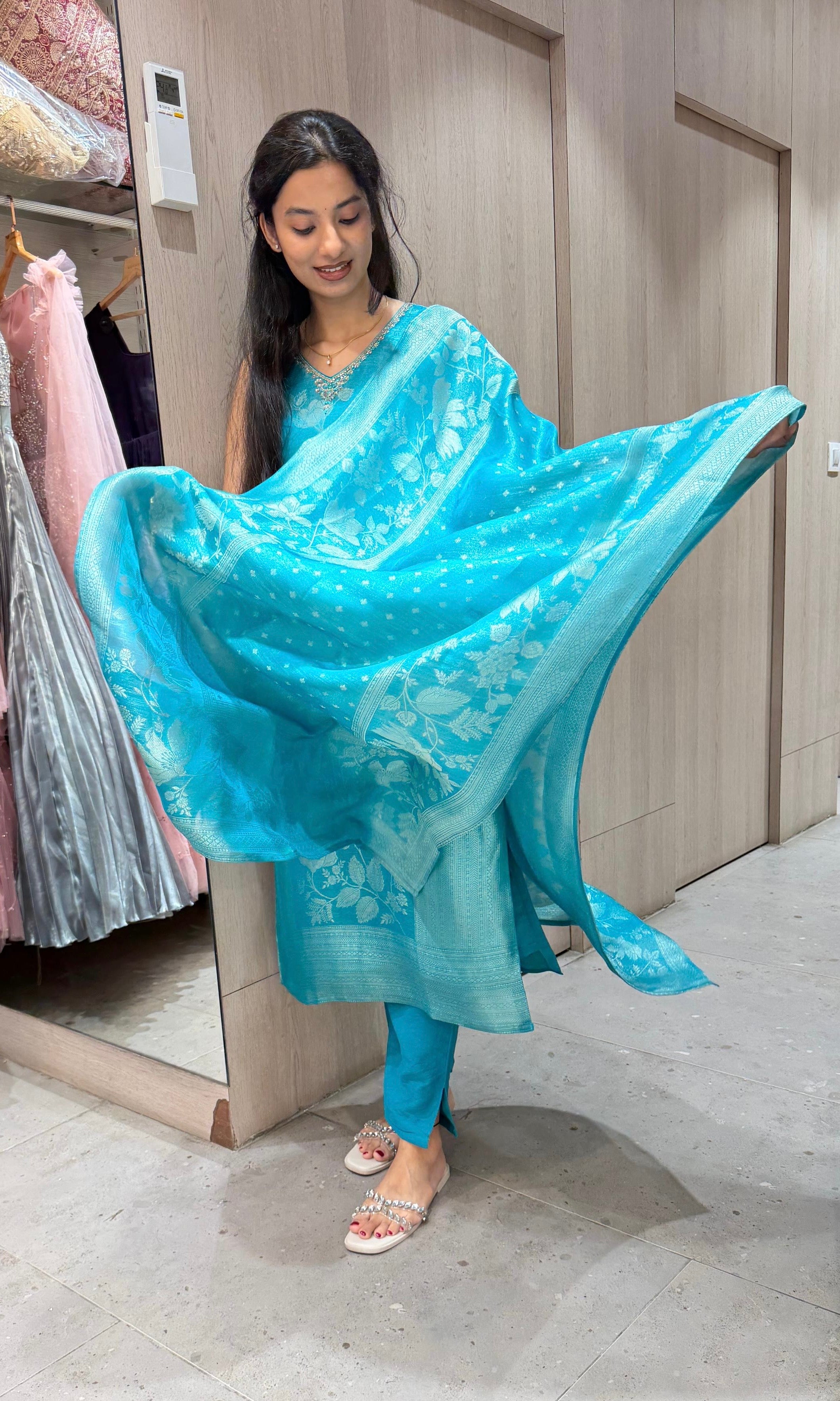 Rama blue banarasi kurta set with dupatta