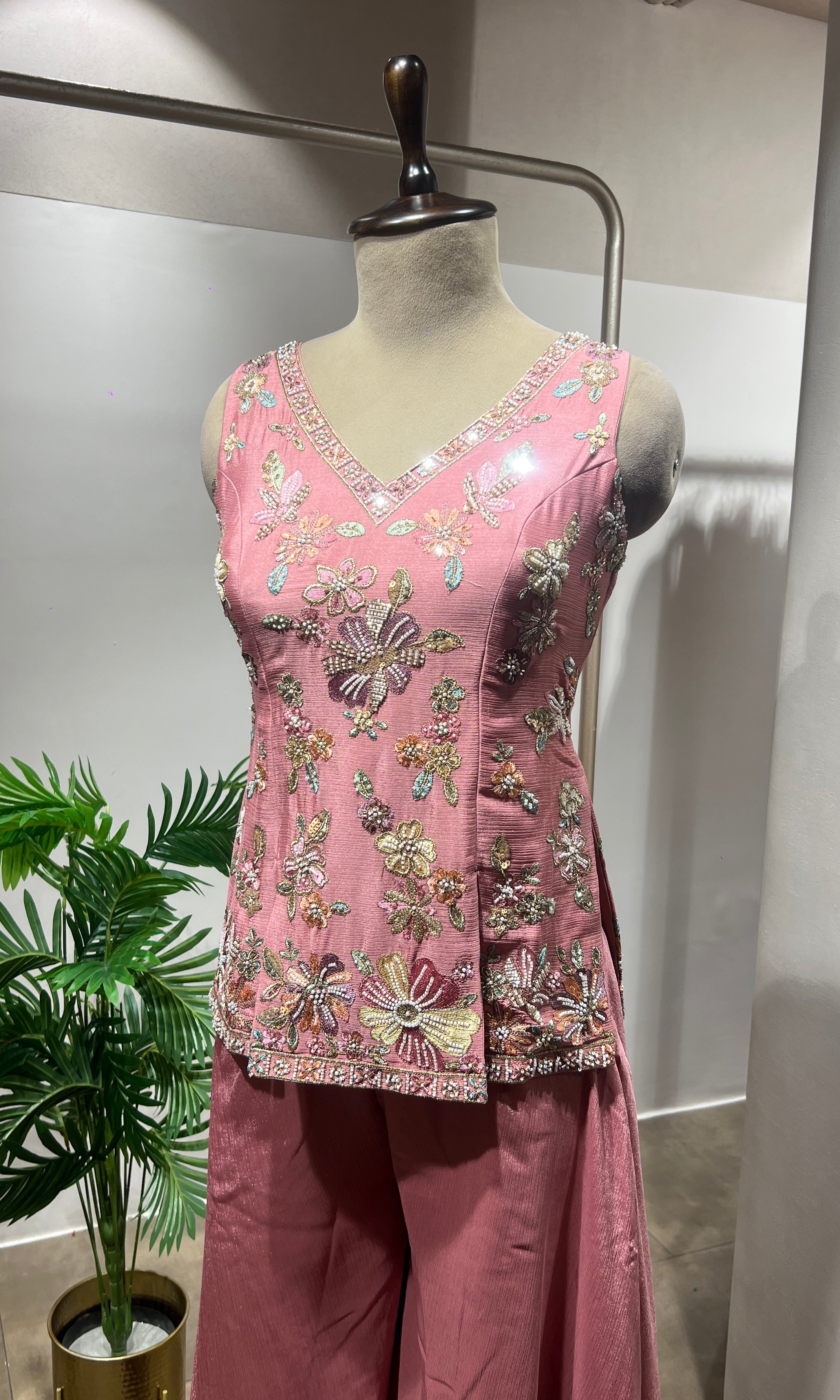 Baby Pink Floral Embroidered Palazzo Suit