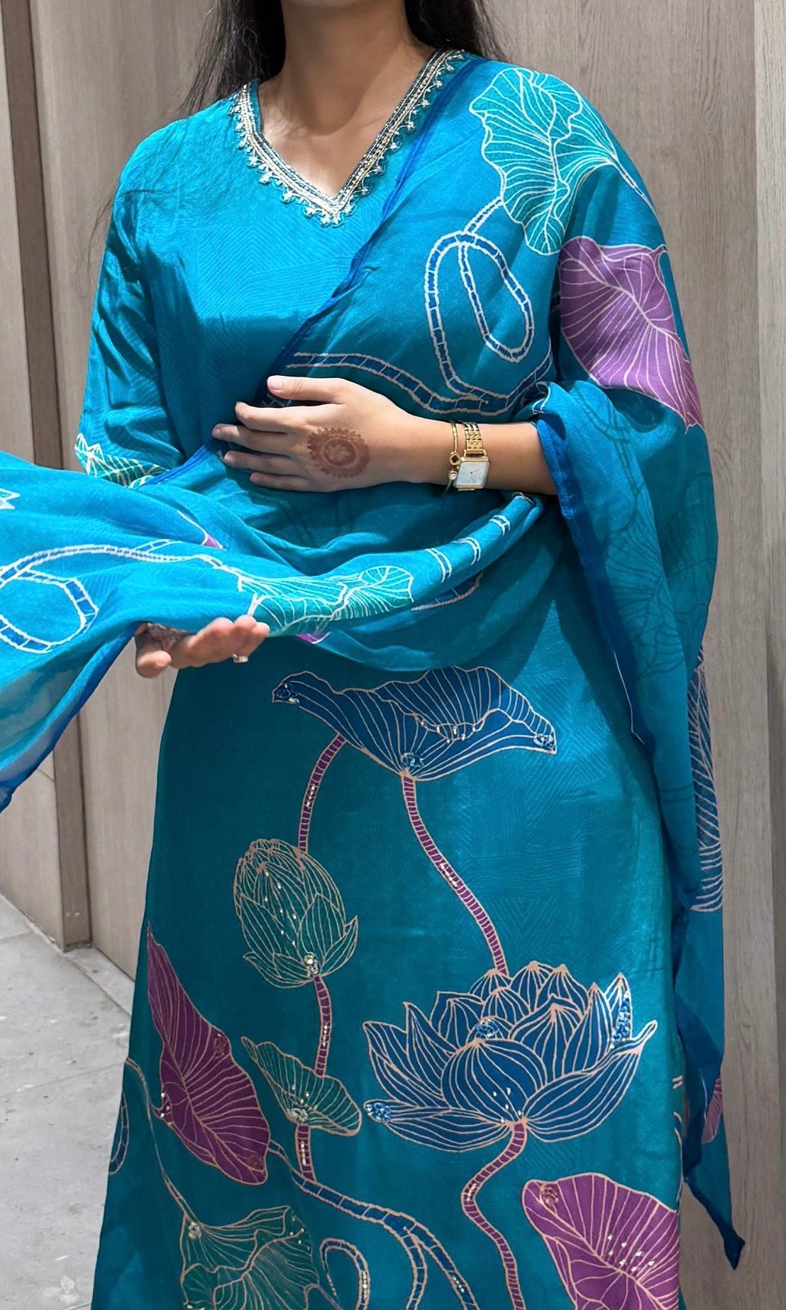 light blue floral print kurta set