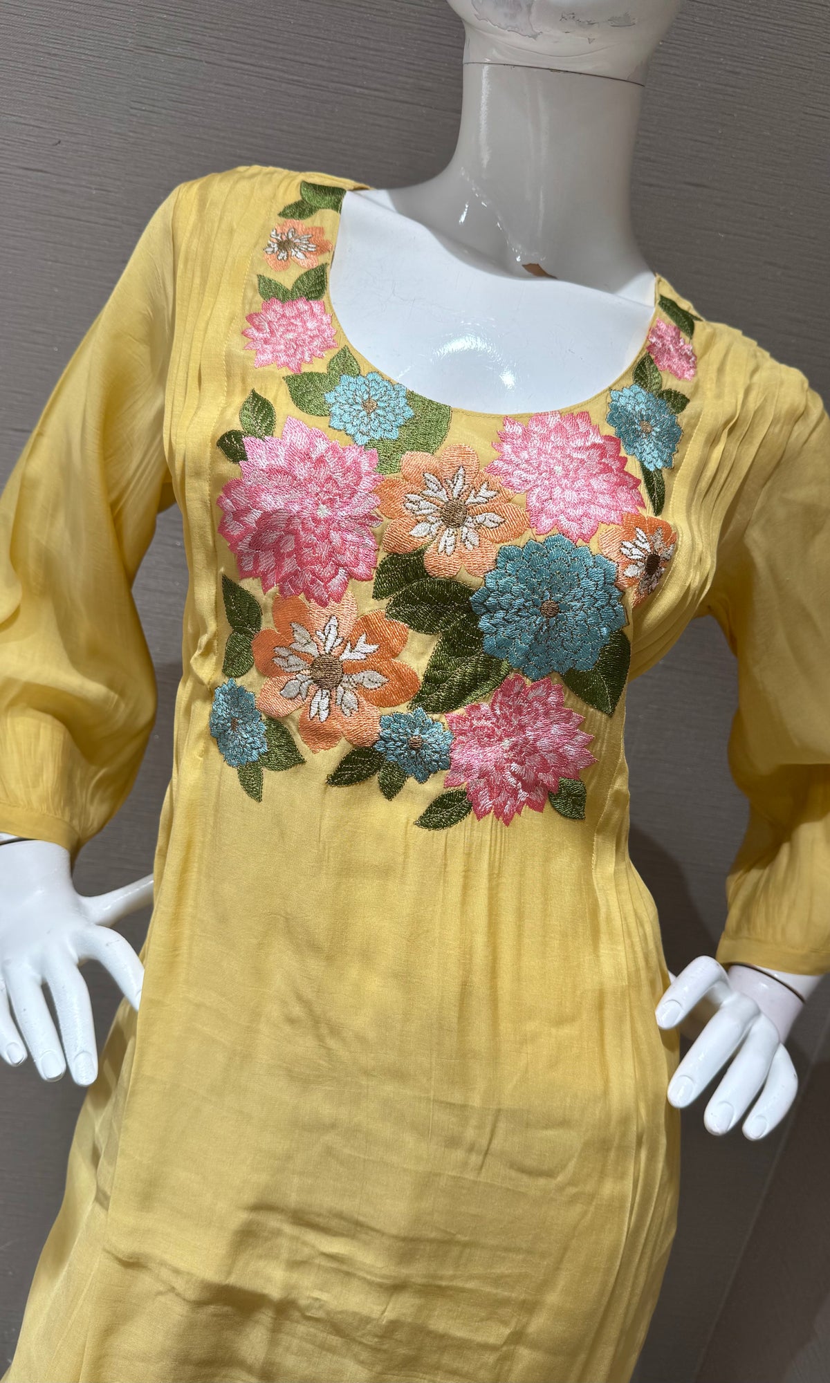 Yellow Floral Embroidered Mul Chanderi A Line Set with dupatta