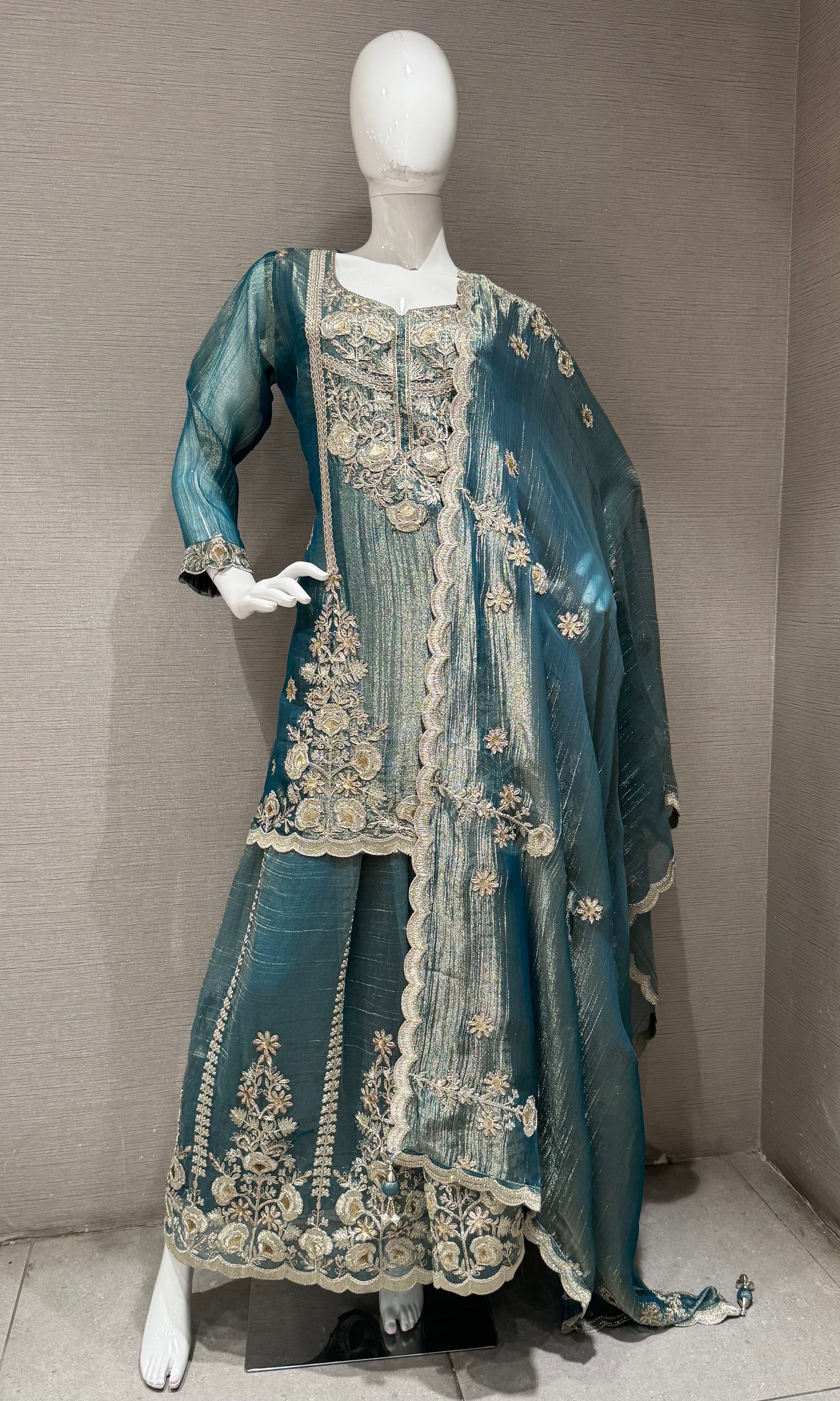 Light Blue Embroidered Sharara set with Sheer Dupatta