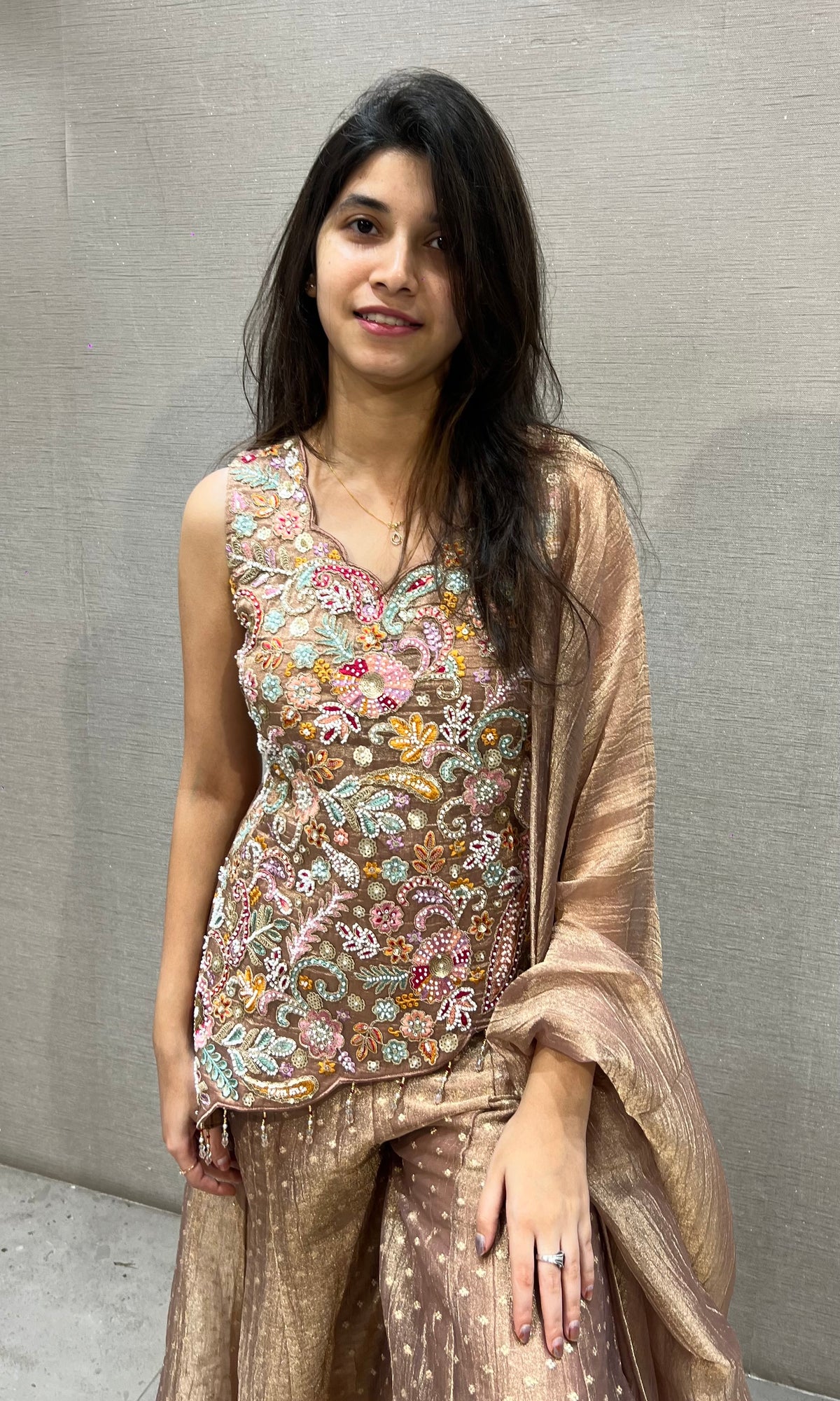 Peach Shimmer Embellished Floral Palazzo set with dupatta