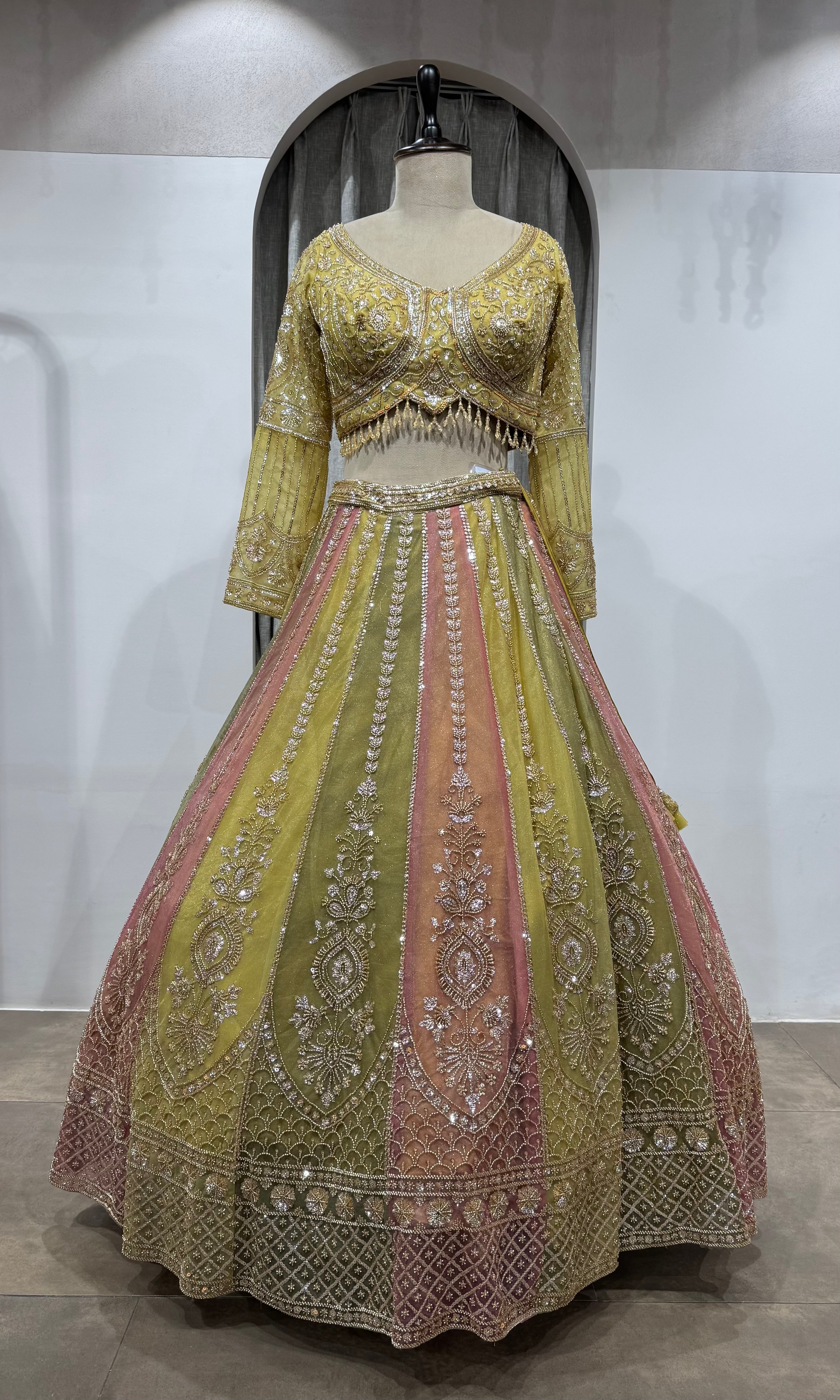 Lime Green & Blush Pink Embroidered Lehenga Set