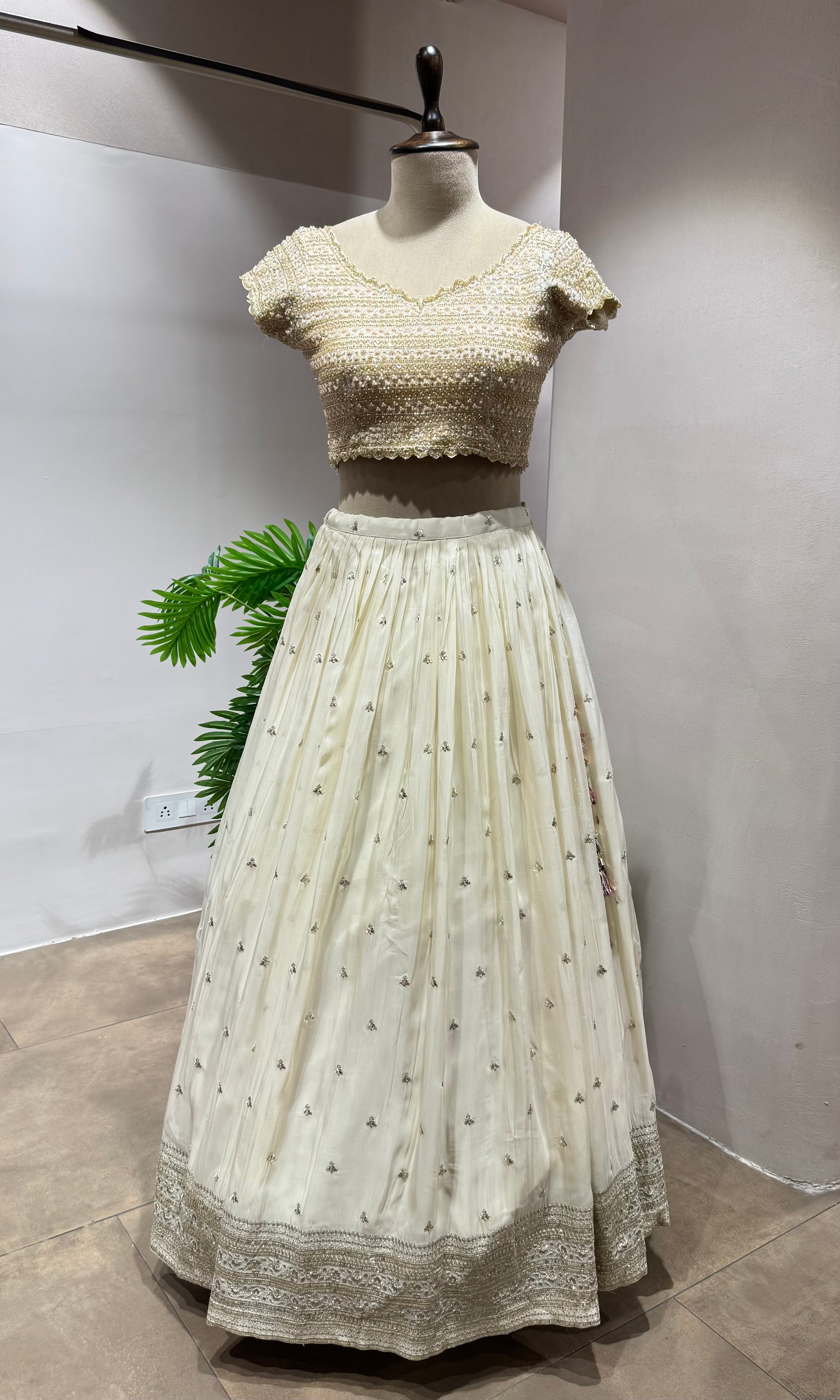 Cream Floral Lehenga with Embellished Blouse