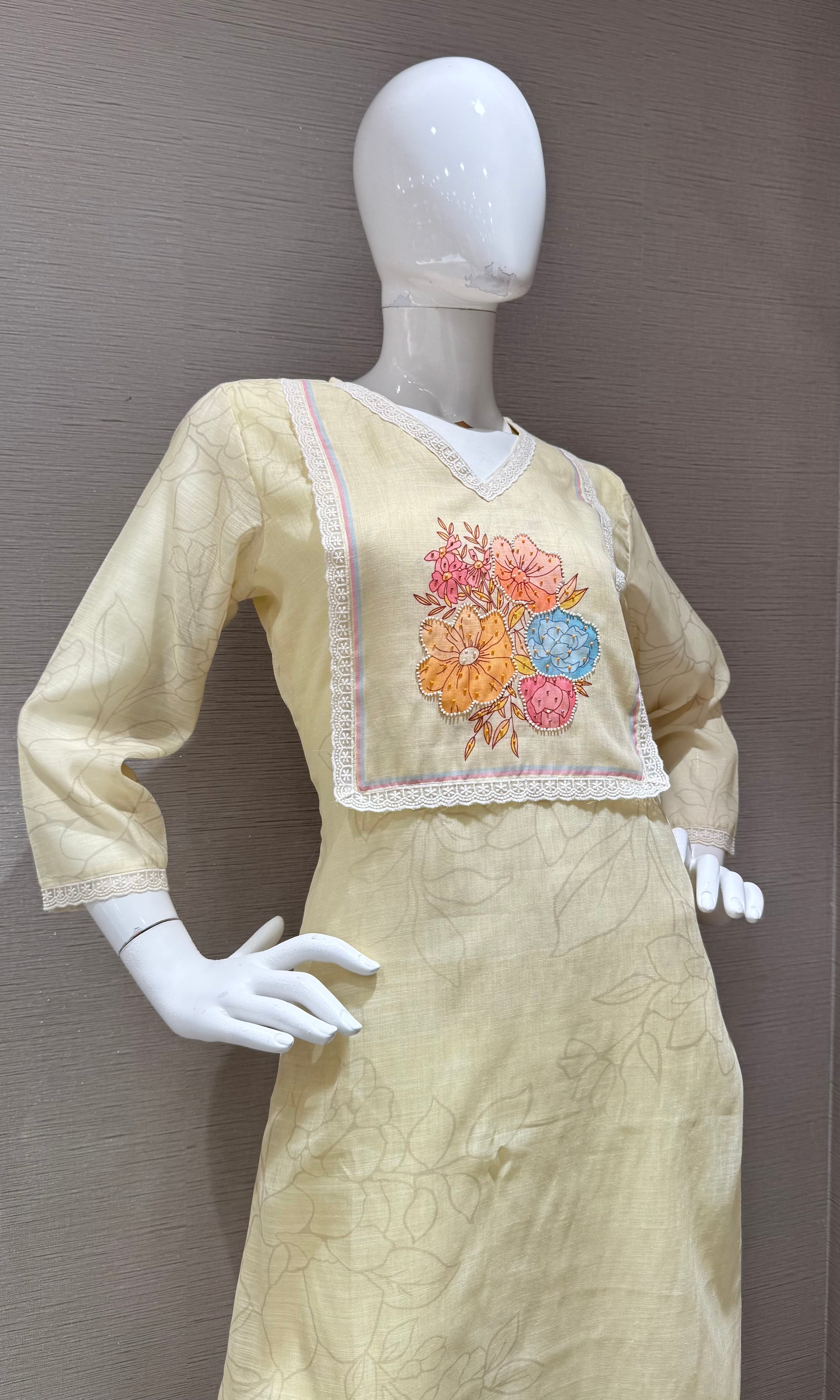 Light Yellow Straight Kurta Set with Multicolor Pastel dupatta