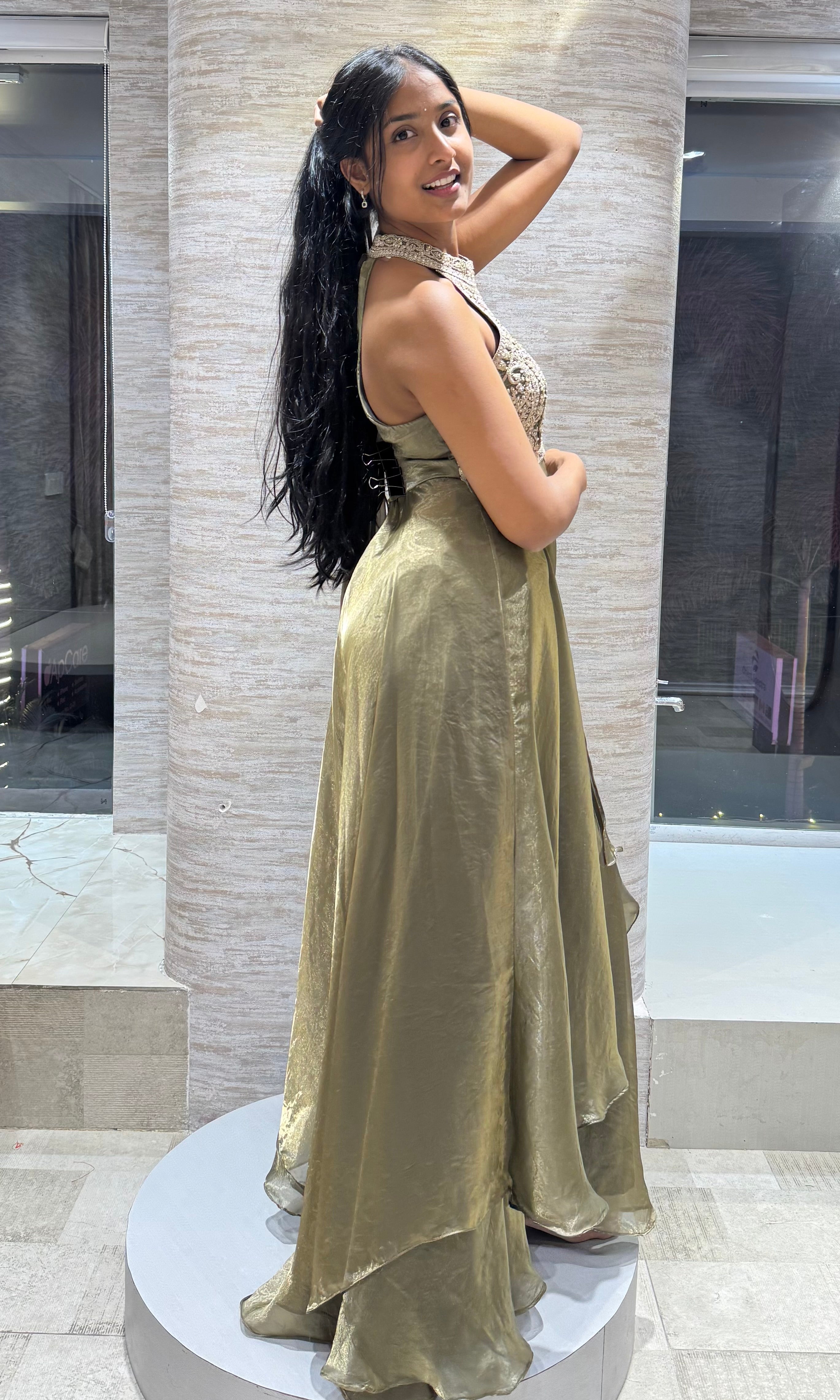 HALTER NECK ANARKALI SLIT TOP WITH FLARED PANTS