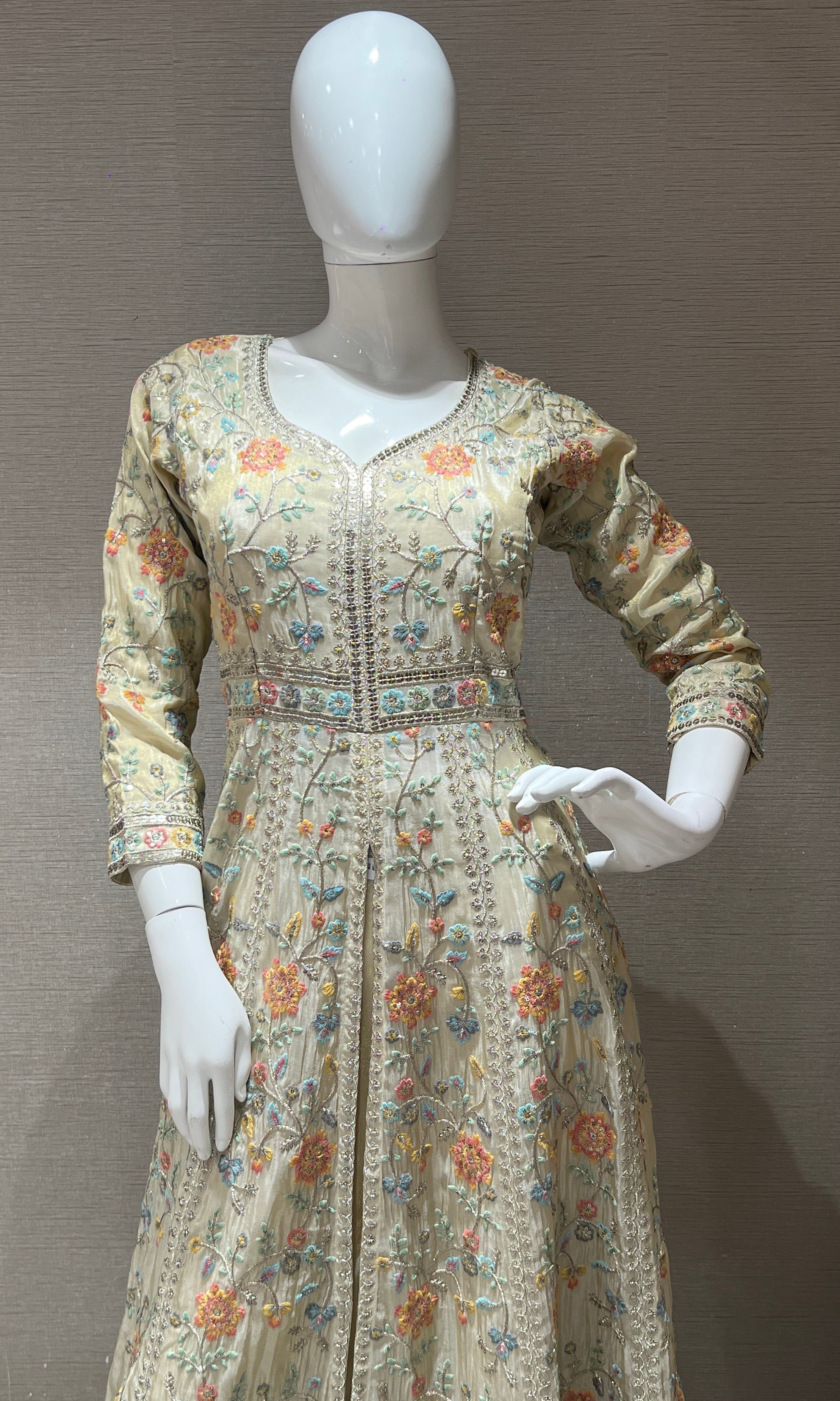 Cream front slit Anarkali kurta set