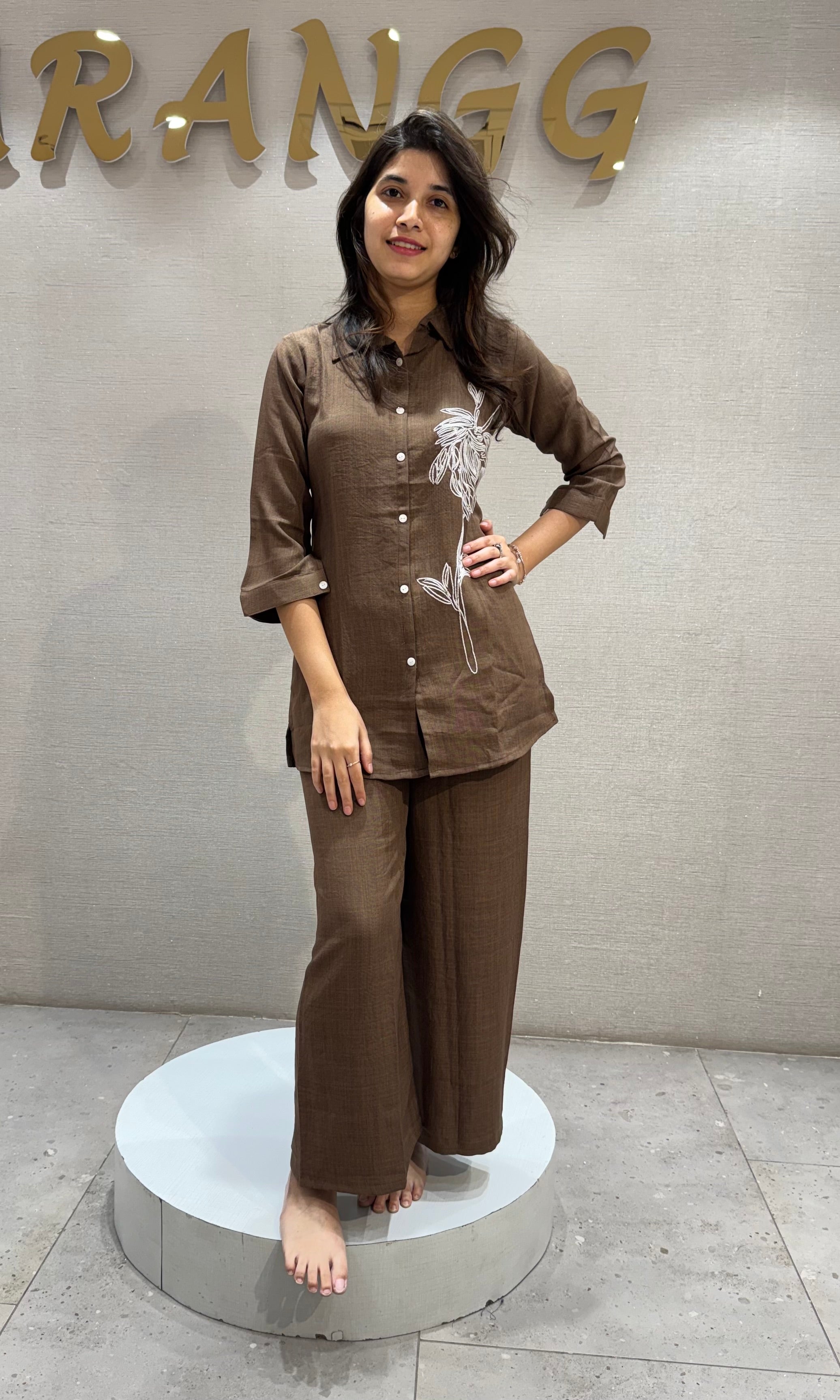 Brown Floral Embroidered Cord Set