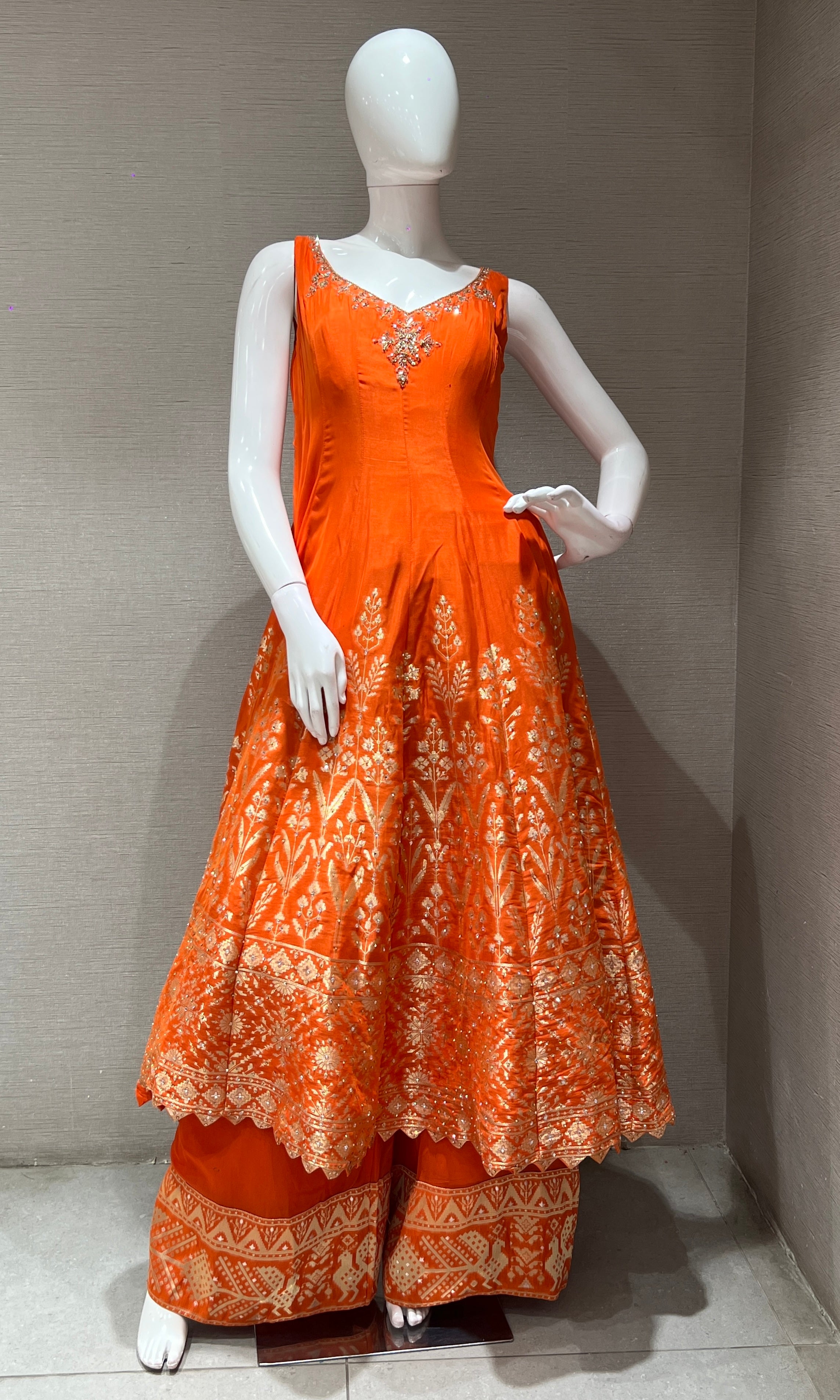 Rust GOLD MOTIF Anarkali WITH PALAZZO PANTS