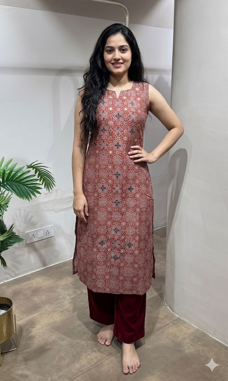 Maroon printed a line kurti with bottom