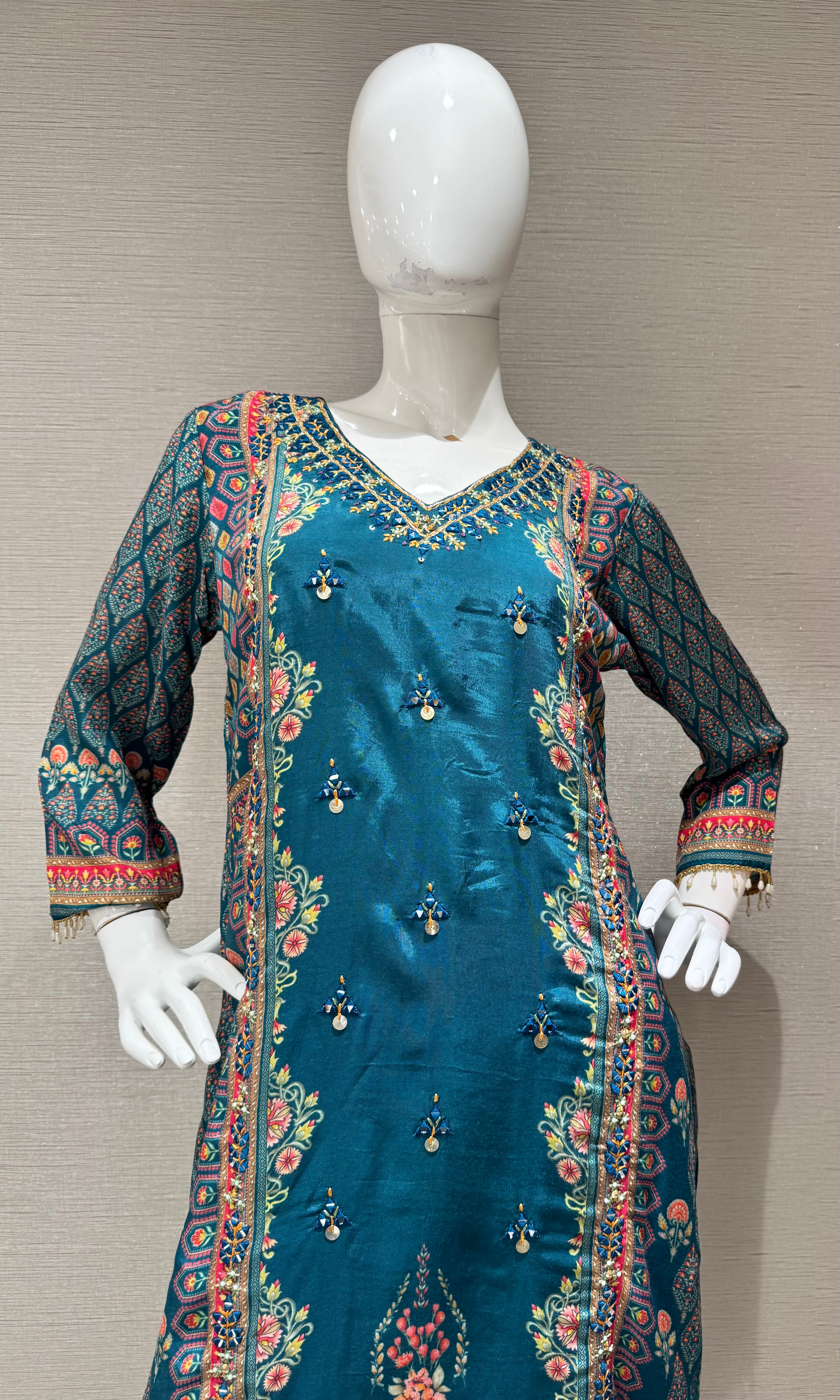 Sea green Embroidered Salwar Suit with Floral Dupatta