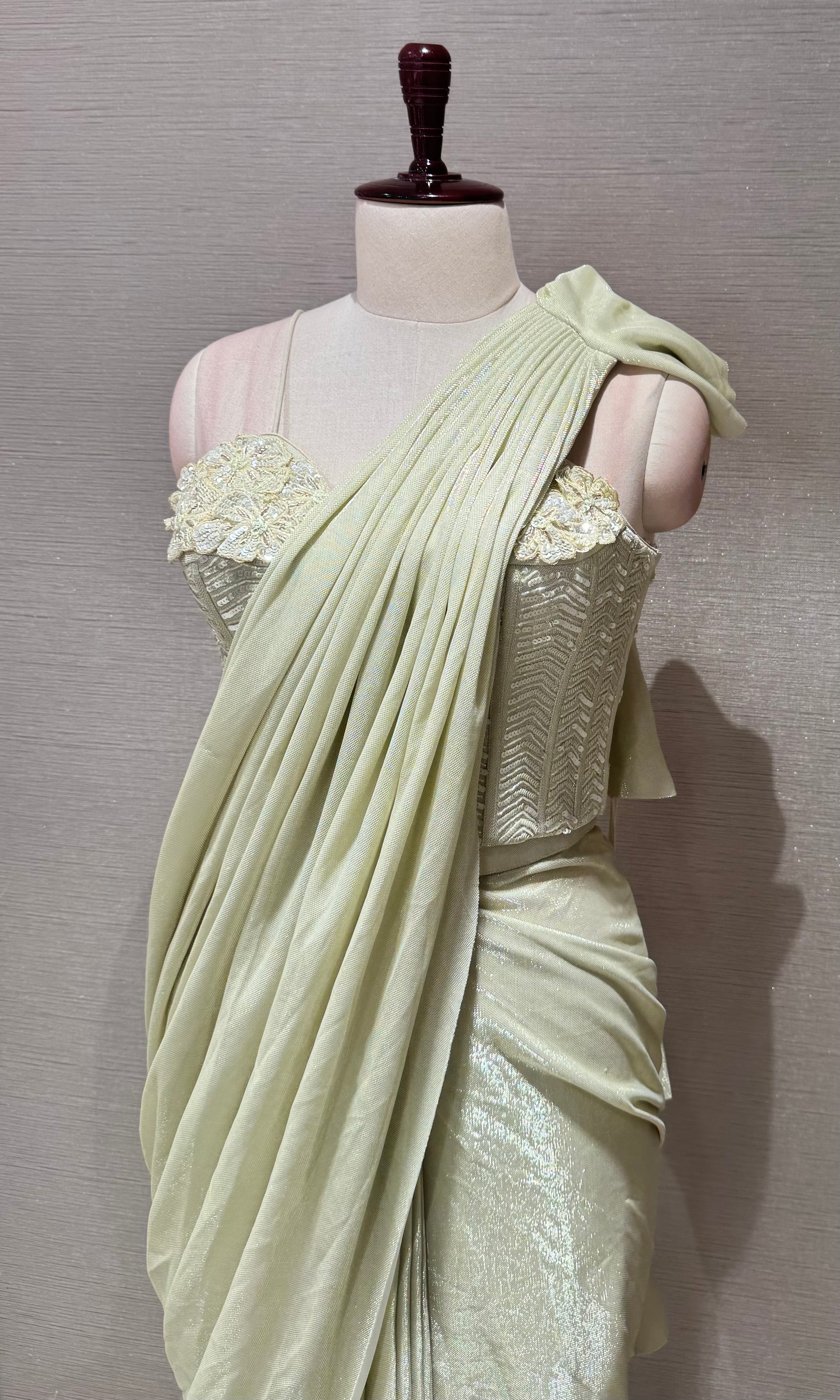 Pista green Pleated Drape Saree with corset blouse