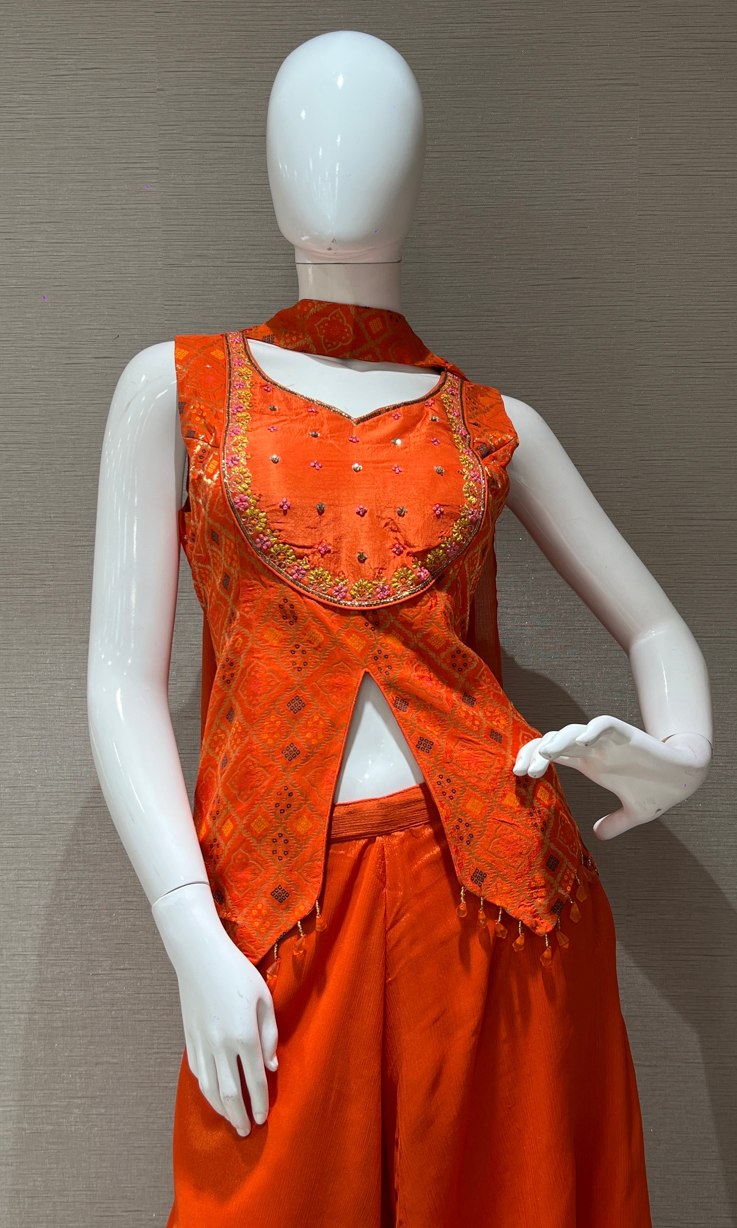 Orange shimmer tissue palazzo with designer top