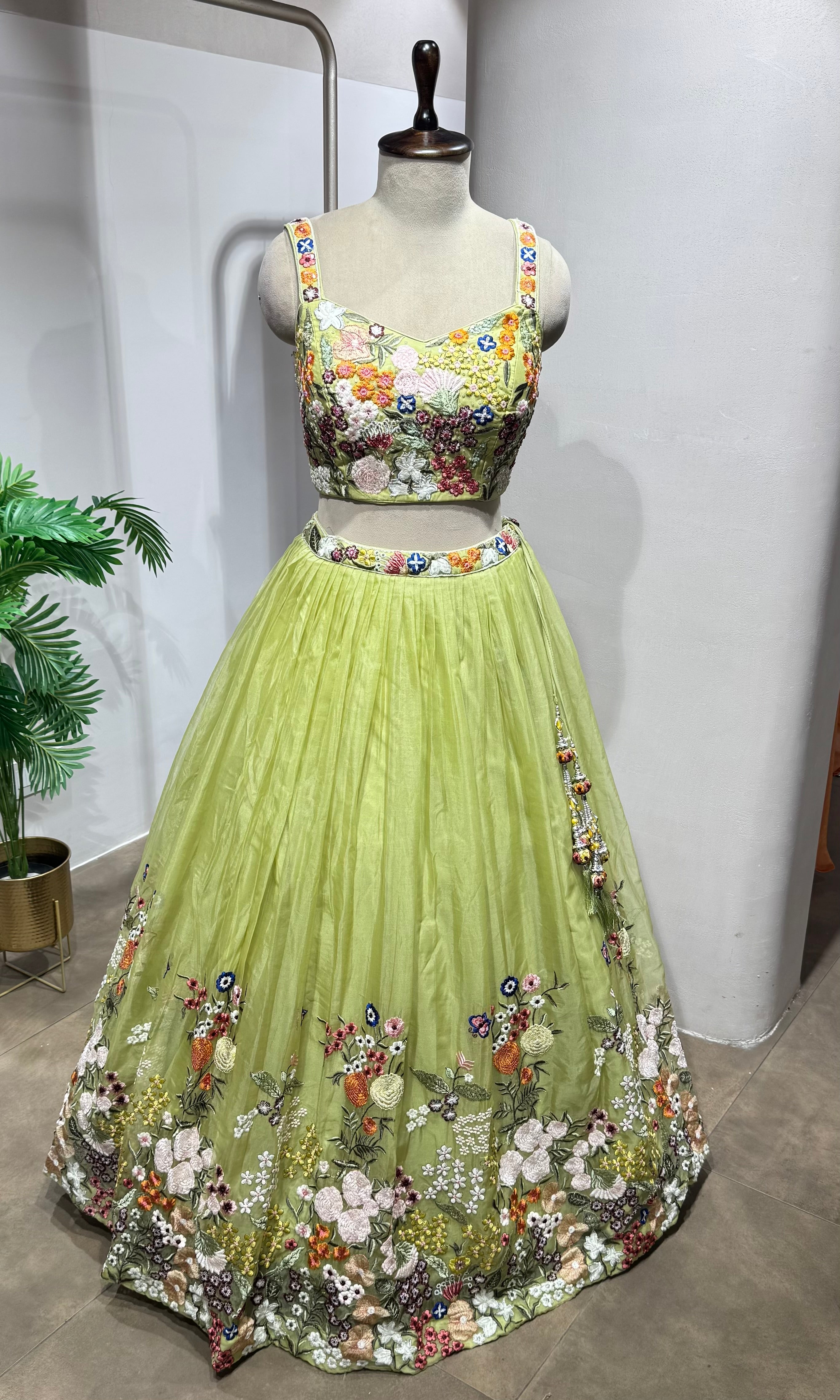 Green floral embroidered lehenga set